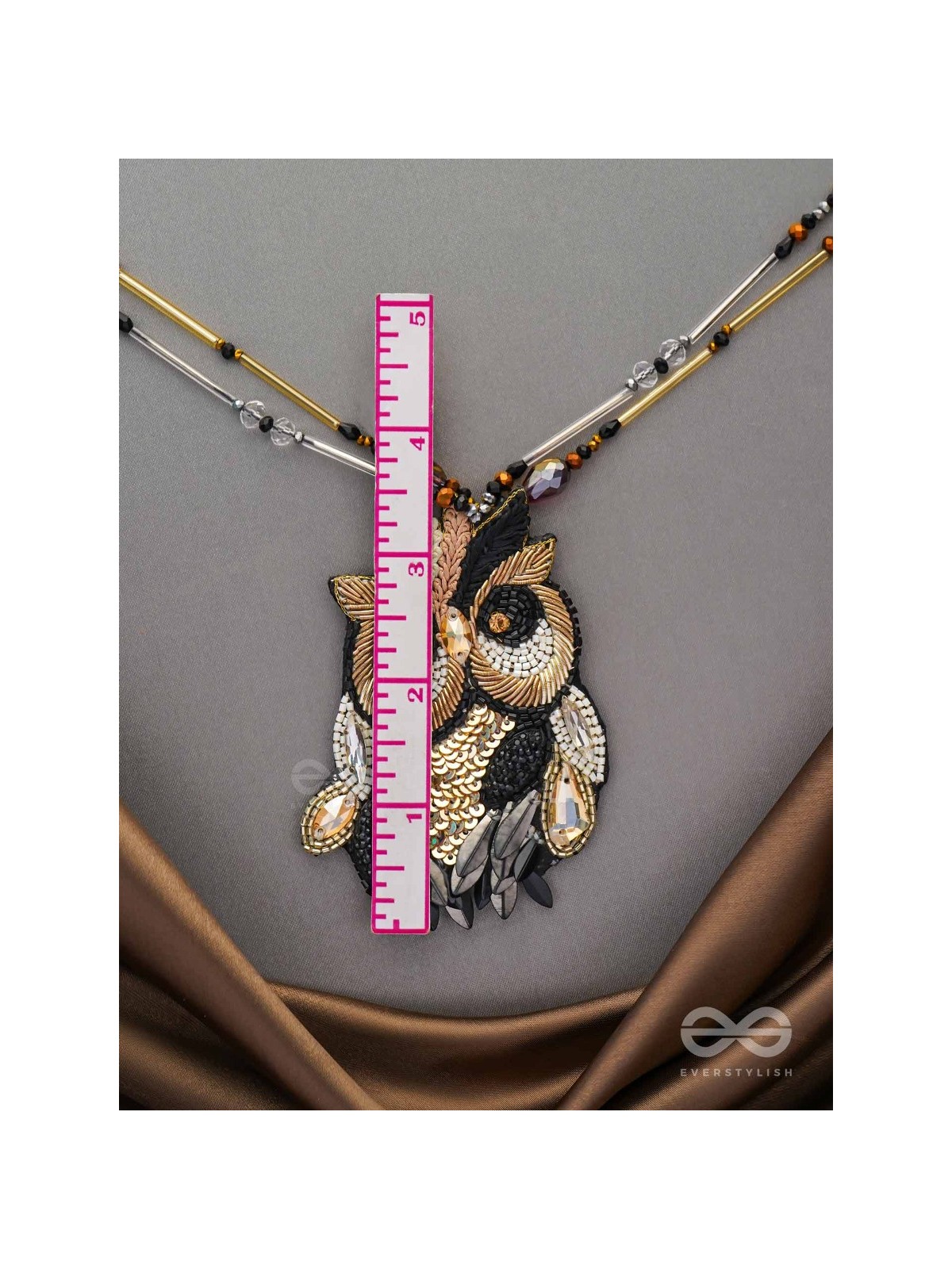 Shakuneya - The Owl King -  Sequins And Cutdana Hand Embroidered Necklace (Ebony Black And Golden)