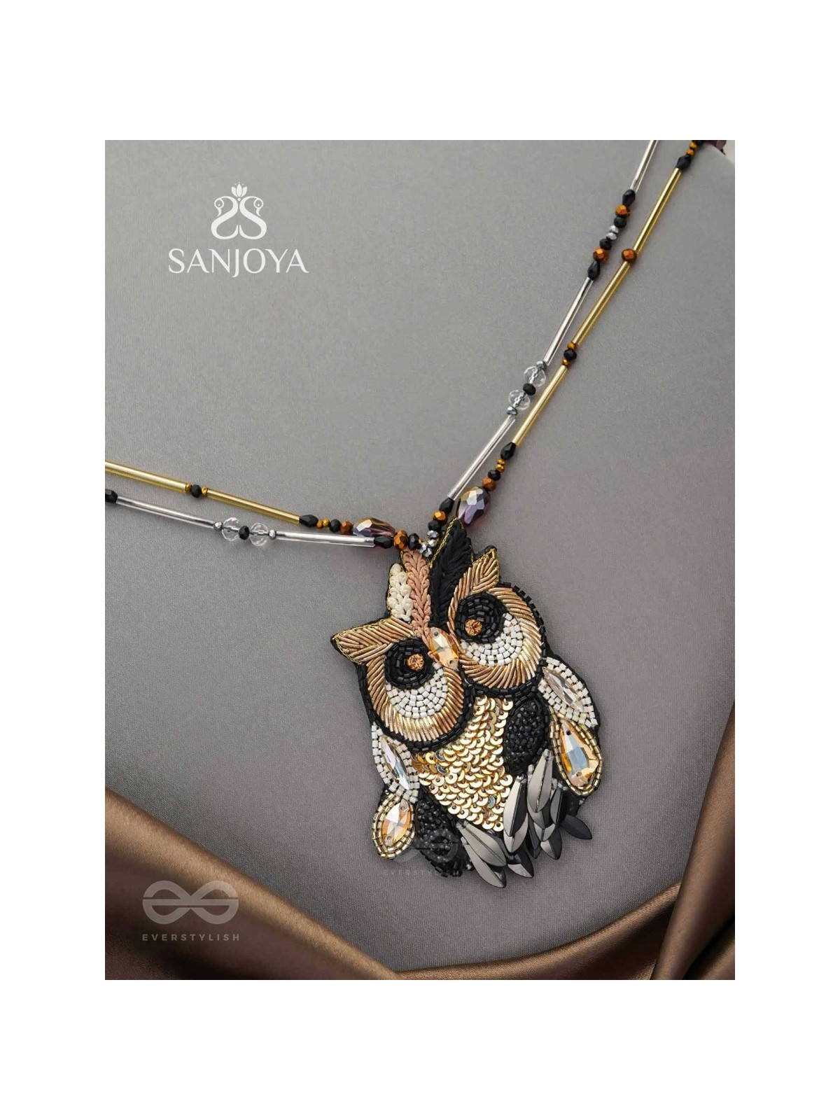 Shakuneya - The Owl King -  Sequins And Cutdana Hand Embroidered Necklace (Ebony Black And Golden)
