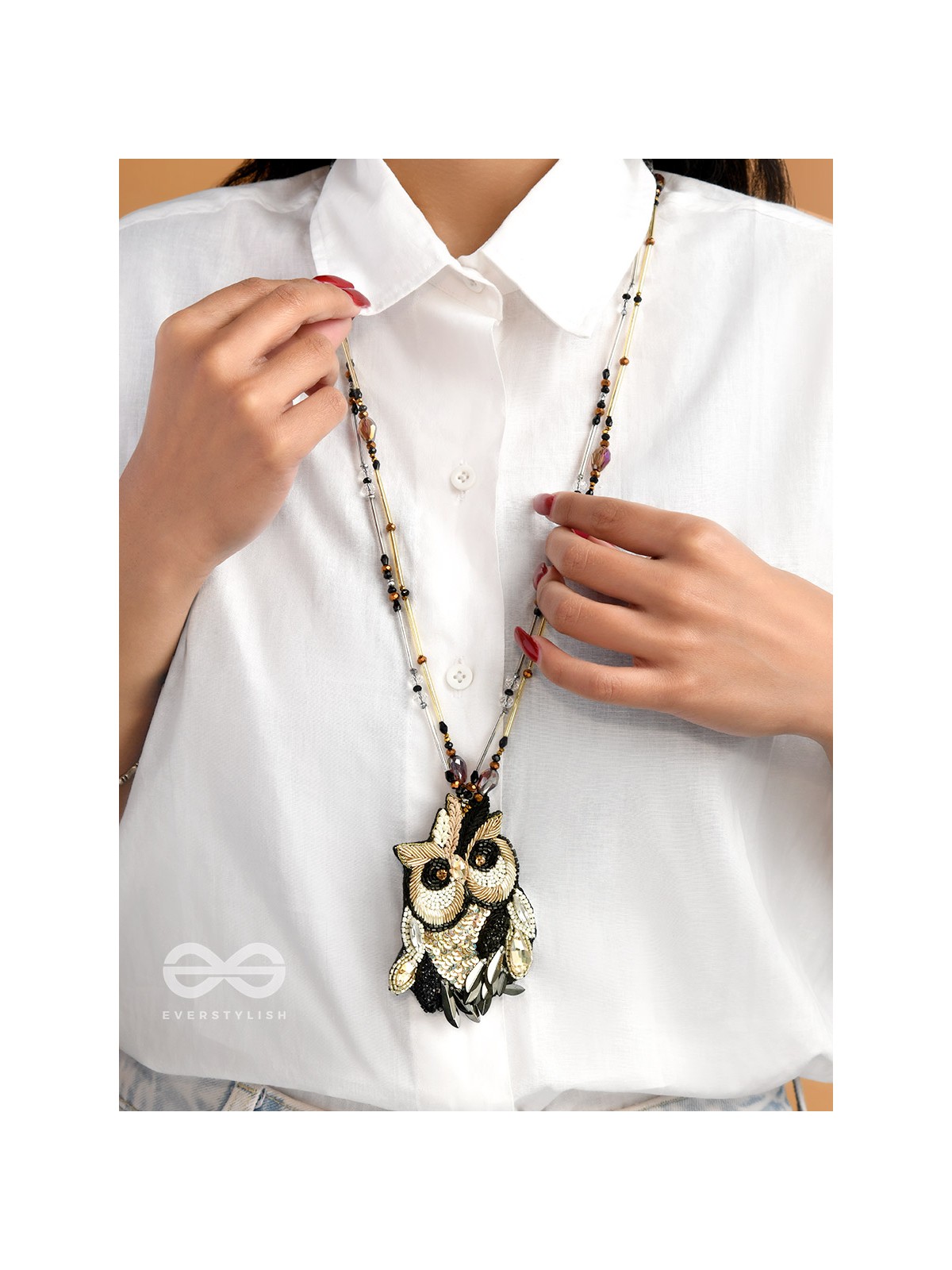 Shakuneya - The Owl King -  Sequins And Cutdana Hand Embroidered Necklace (Ebony Black And Golden)