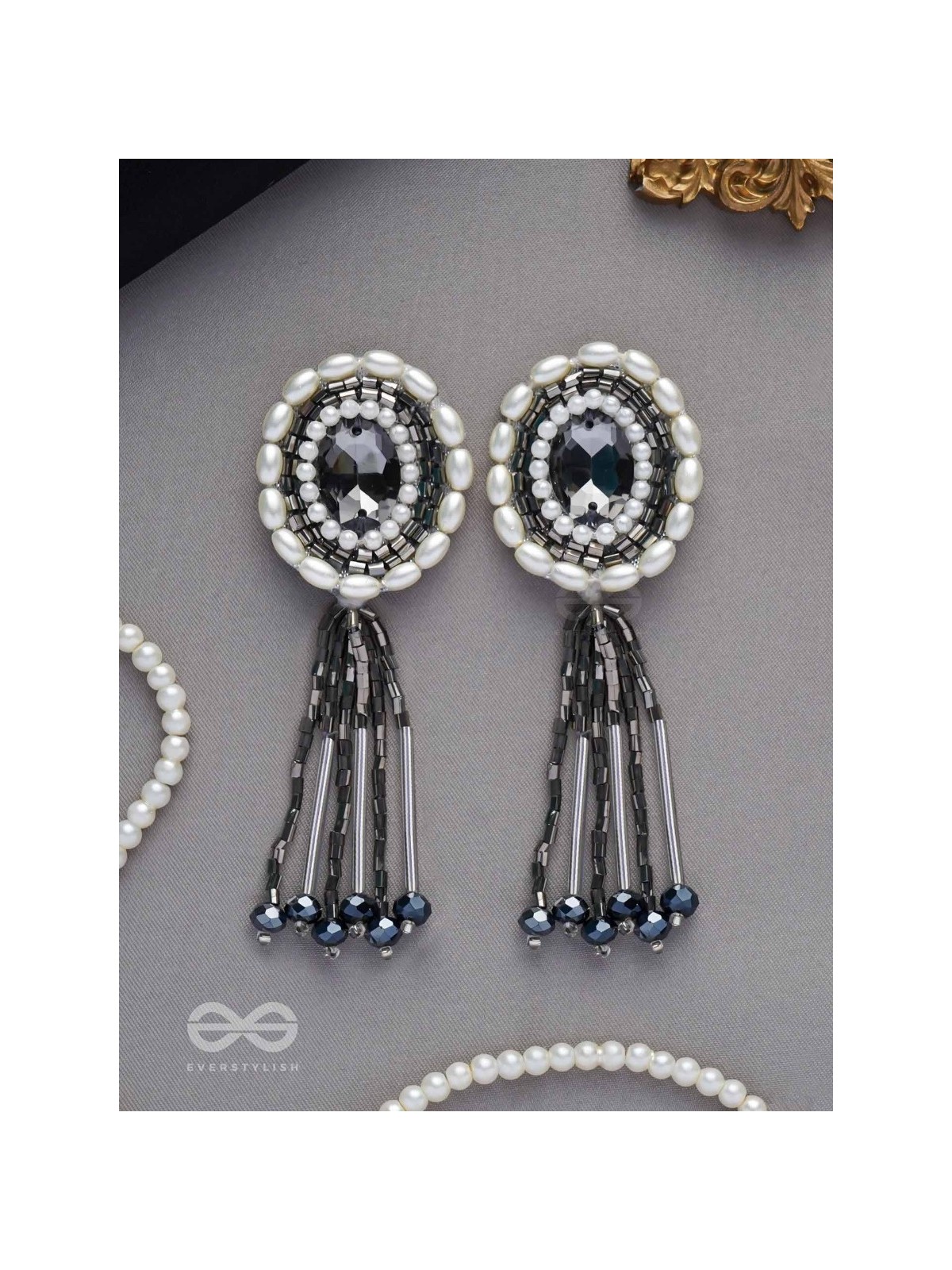 Mukuraya- The Tinged Mirror- Pearls, Stones and Glass Beads Embroidered Earrings