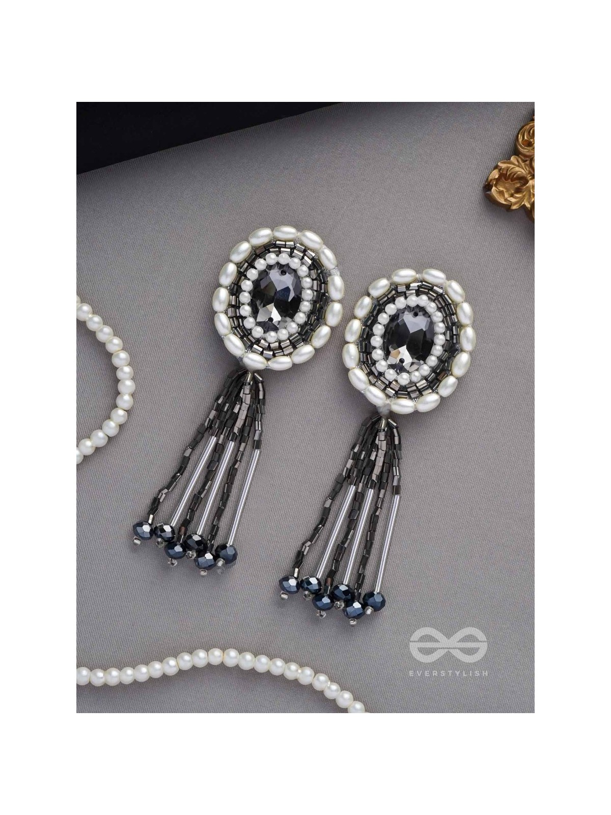 Mukuraya- The Tinged Mirror- Pearls, Stones and Glass Beads Embroidered Earrings