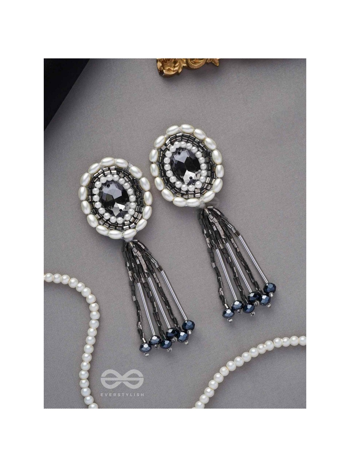 Mukuraya- The Tinged Mirror- Pearls, Stones and Glass Beads Embroidered Earrings