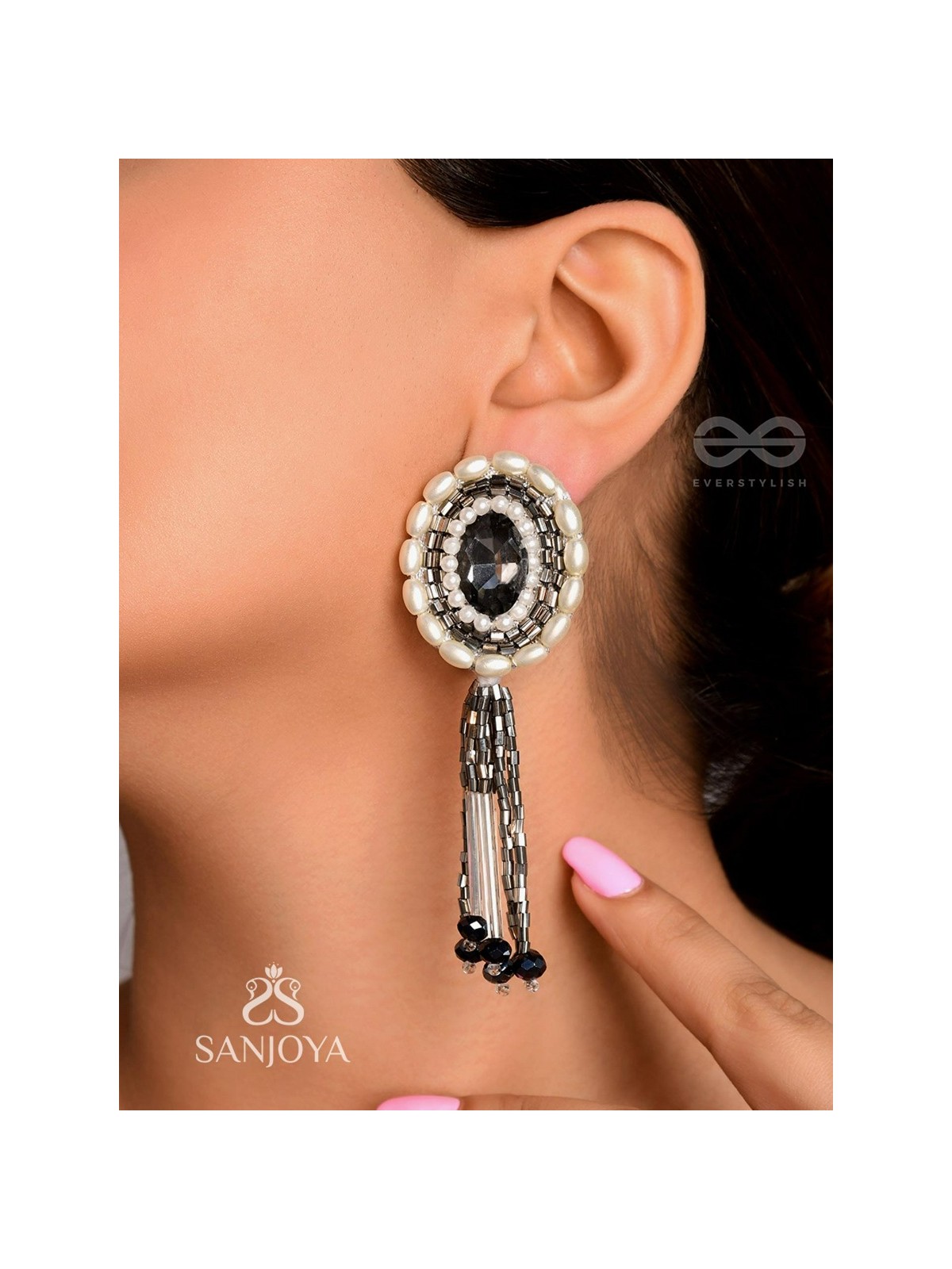 Mukuraya- The Tinged Mirror- Pearls, Stones and Glass Beads Embroidered Earrings