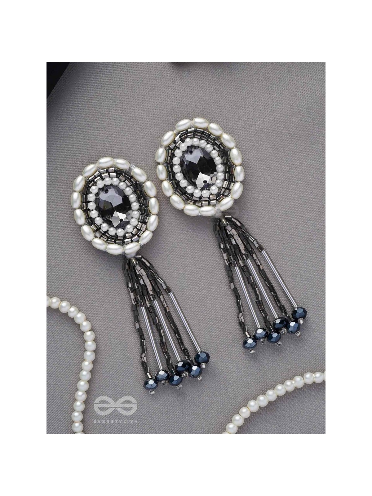 Mukuraya- The Tinged Mirror- Pearls, Stones and Glass Beads Embroidered Earrings