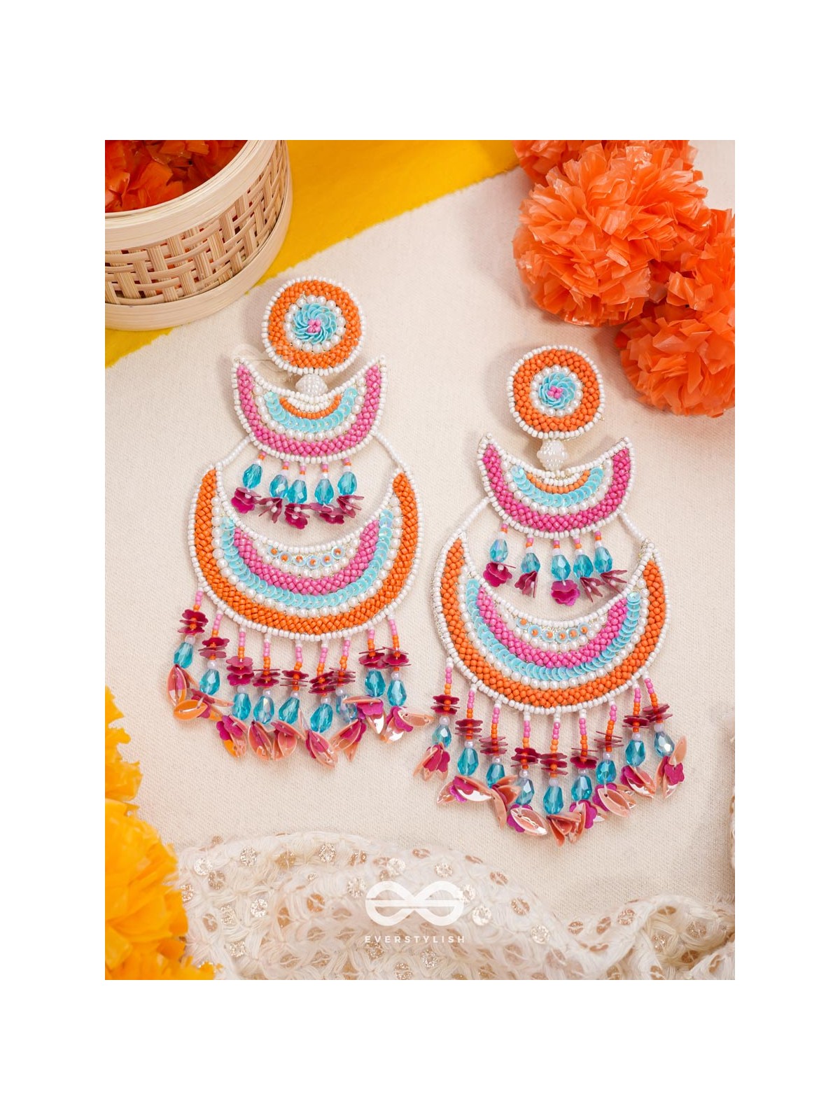 Tricit - The Three-Layered - Beads And Sequins Hand Embroidered Earrings