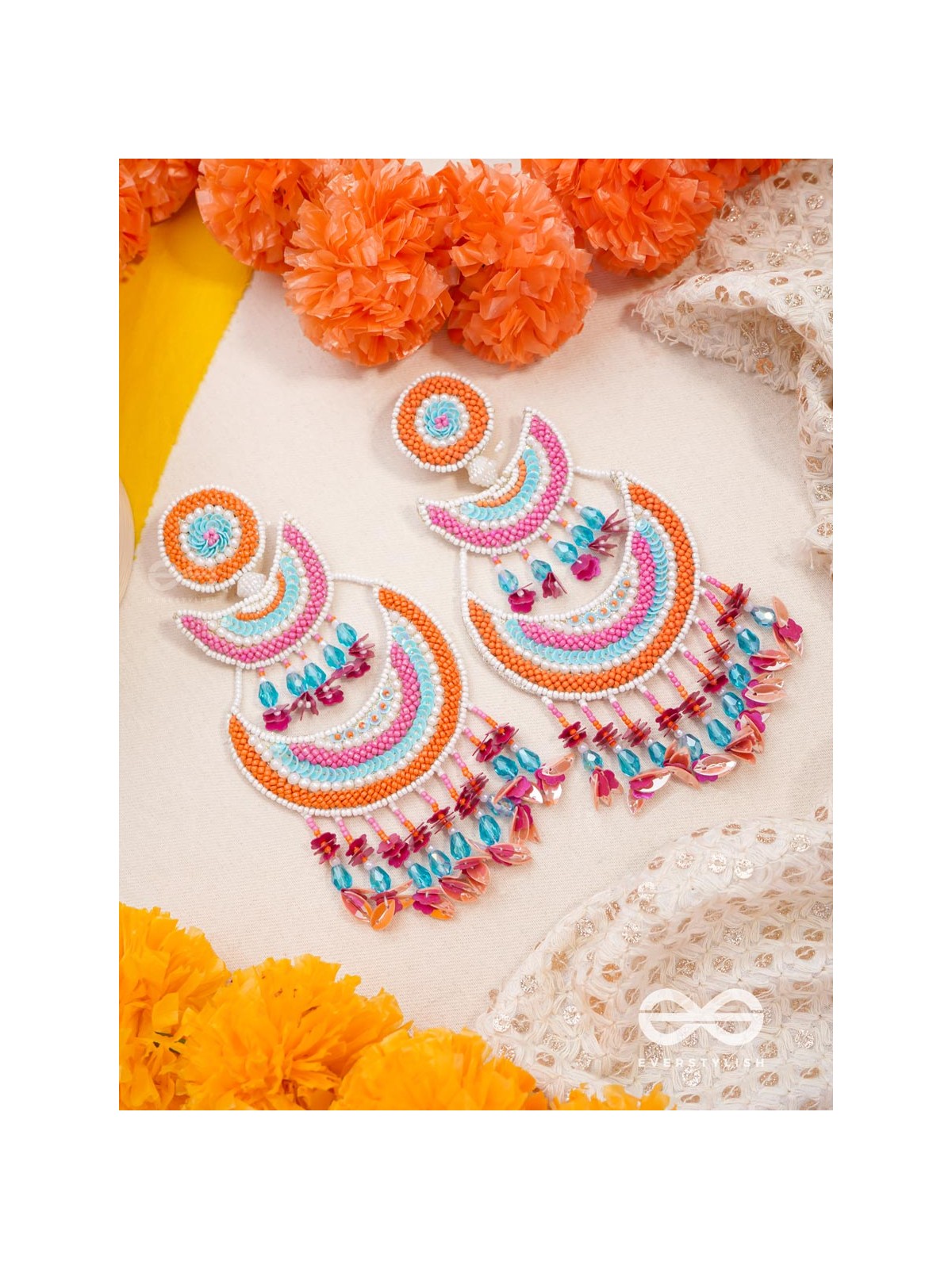 Tricit - The Three-Layered - Beads And Sequins Hand Embroidered Earrings