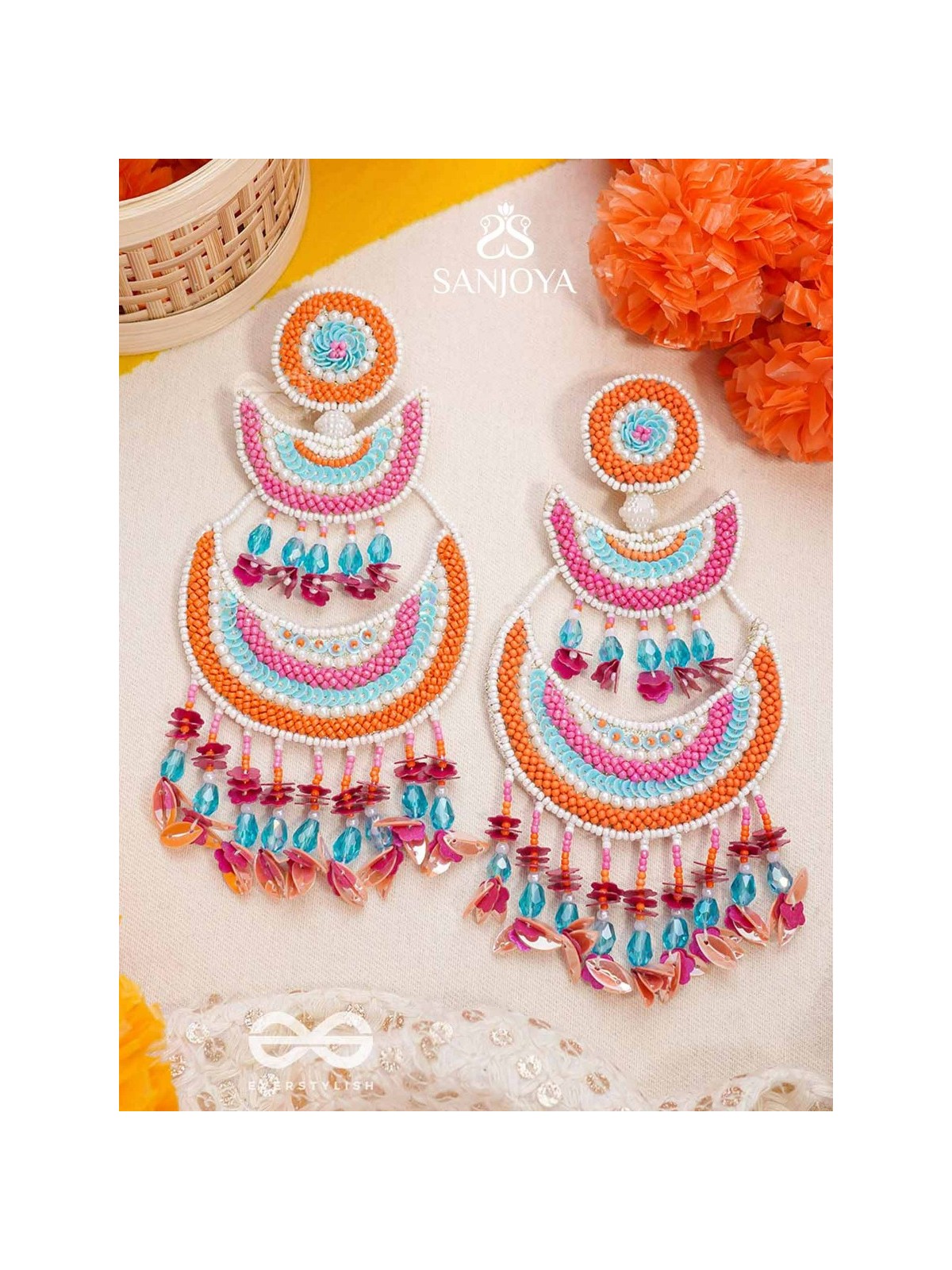 Tricit - The Three-Layered - Beads And Sequins Hand Embroidered Earrings