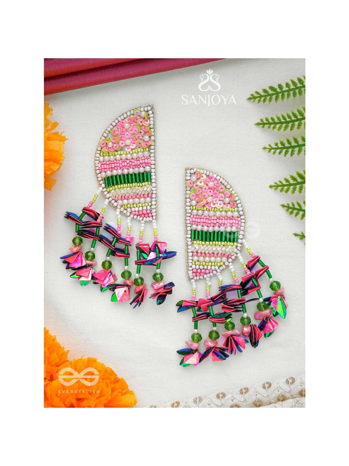 Unmish - The Budding Blossoms - Beads, Cutdana And Sequins Hand Embroidered Earrings