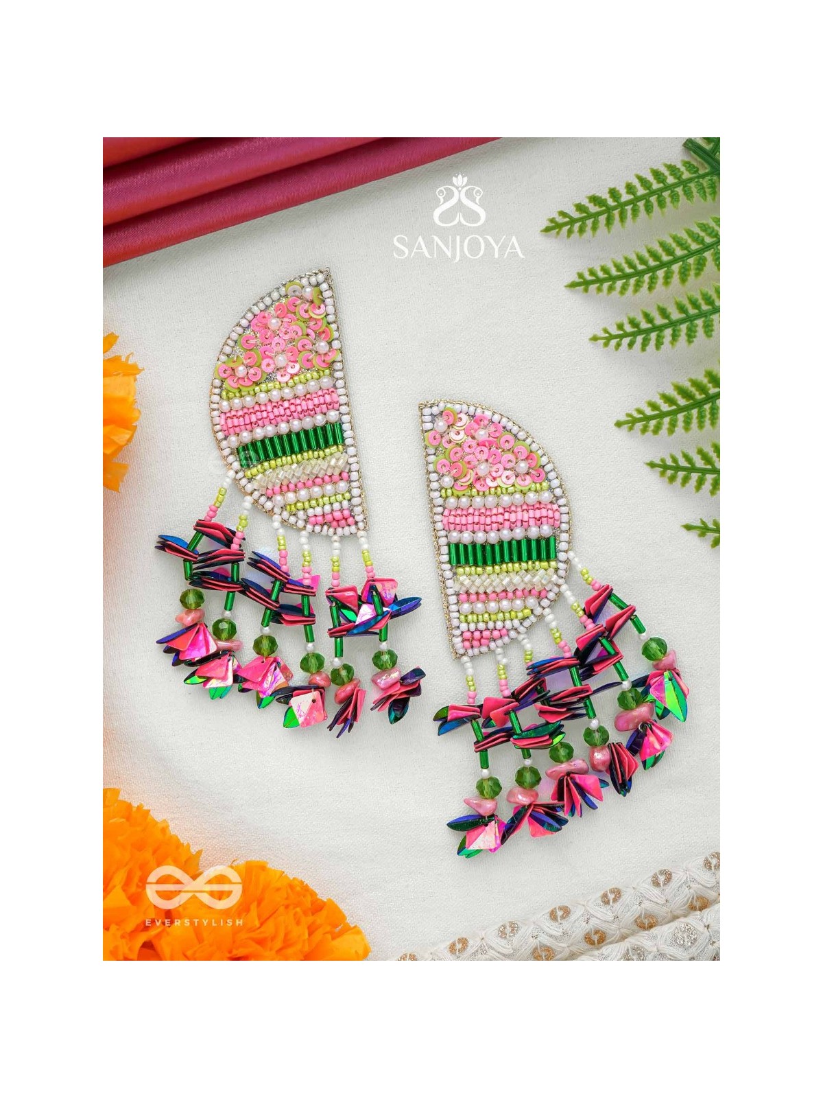 Unmish - The Budding Blossoms - Beads, Cutdana And Sequins Hand Embroidered Earrings