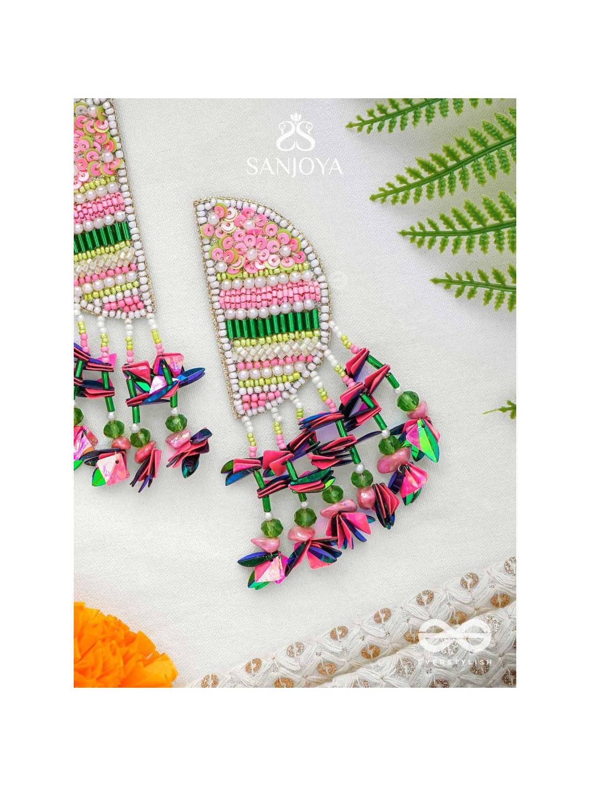 Unmish - The Budding Blossoms - Beads, Cutdana And Sequins Hand Embroidered Earrings