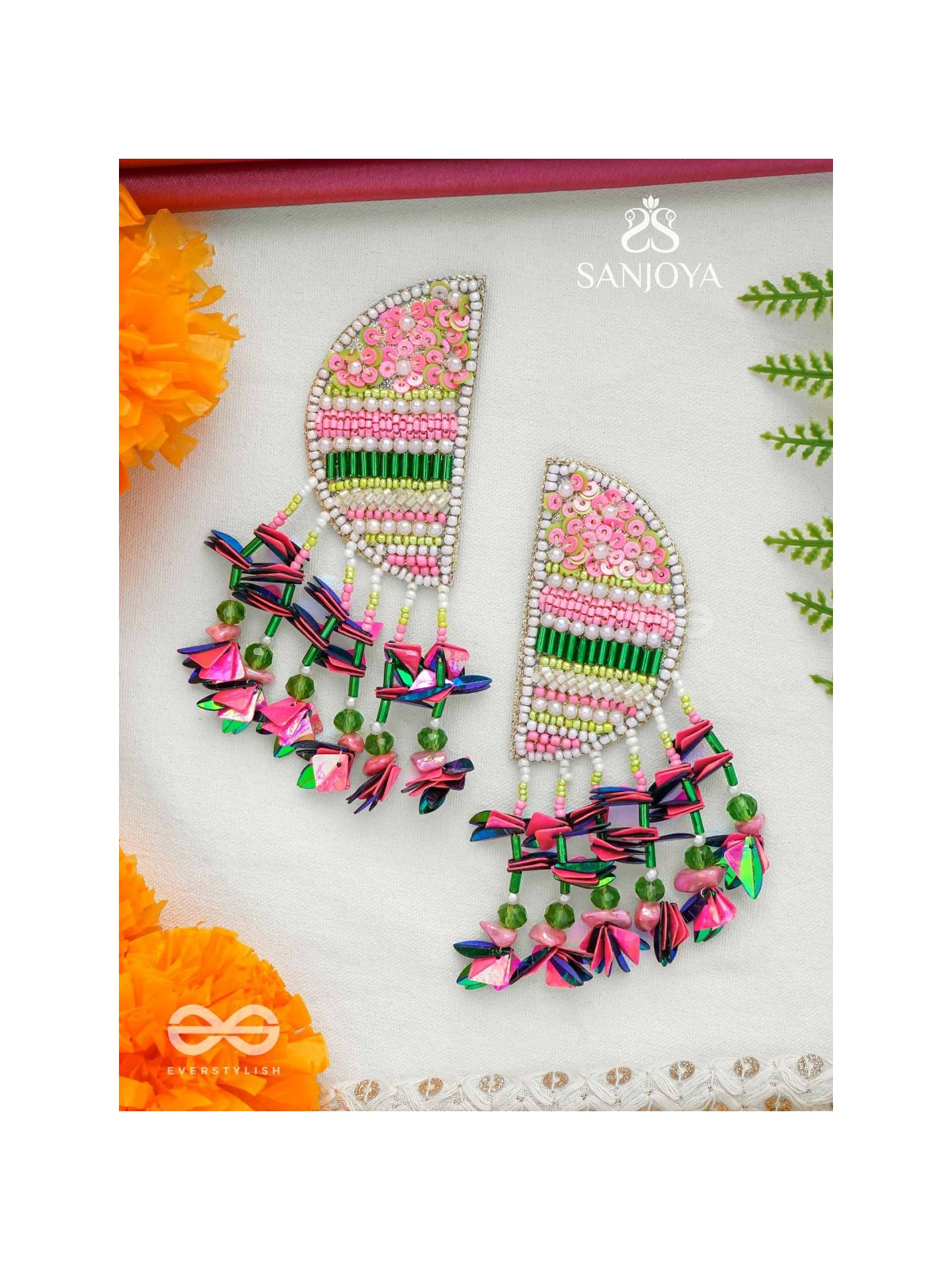 Unmish - The Budding Blossoms - Beads, Cutdana And Sequins Hand Embroidered Earrings