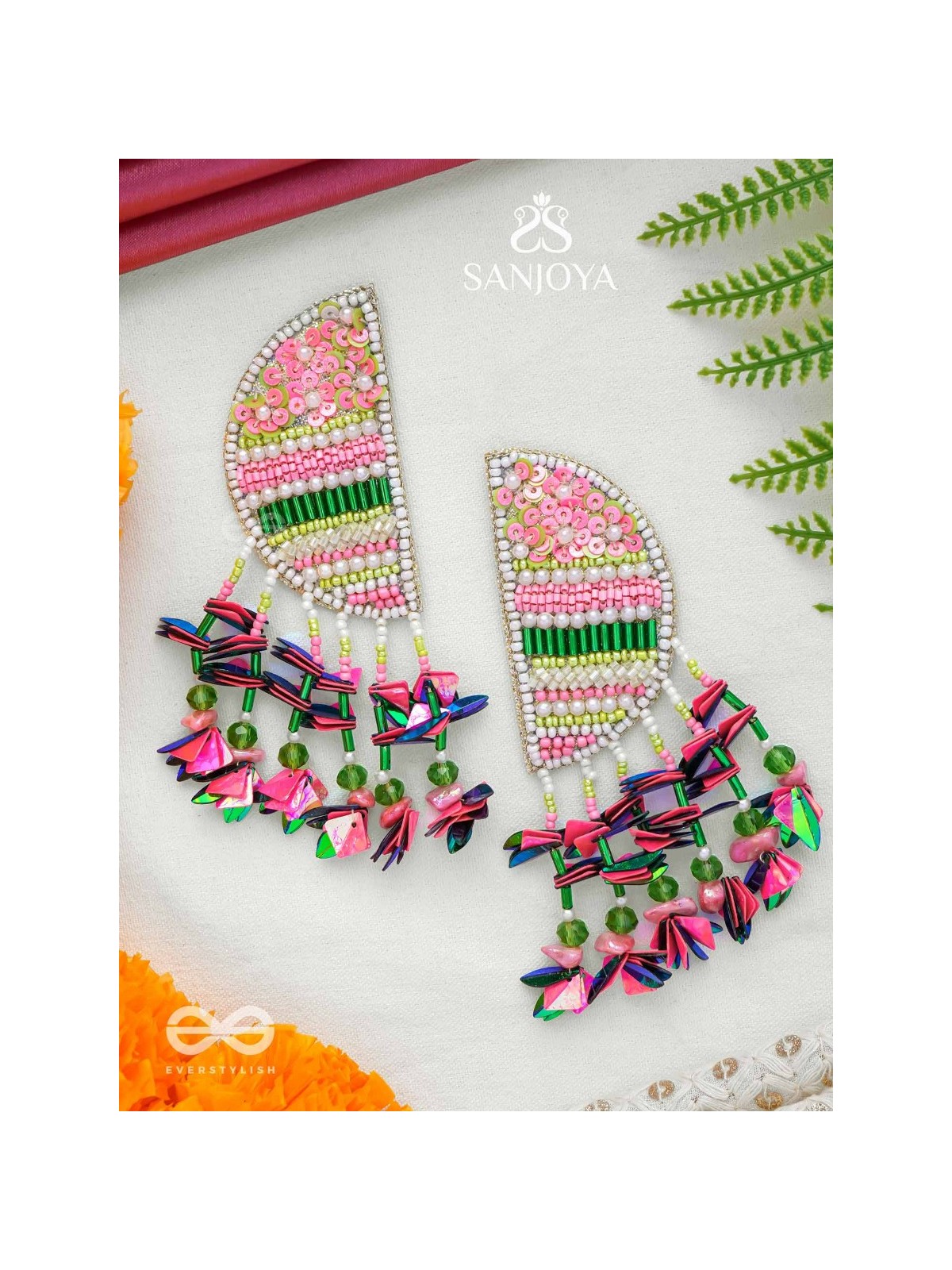 Unmish - The Budding Blossoms - Beads, Cutdana And Sequins Hand Embroidered Earrings