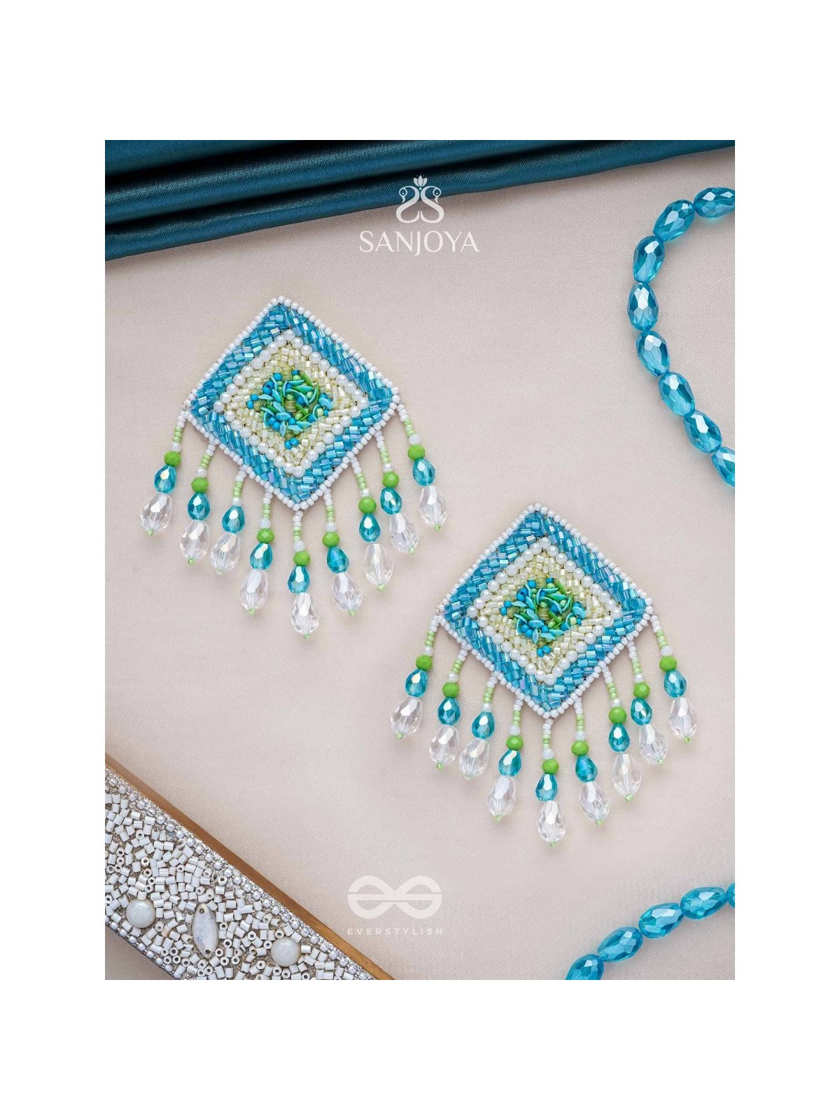 Vimita - The Splendid Square - Beads, Cutdana And Sequins Hand Embroidered Earrings