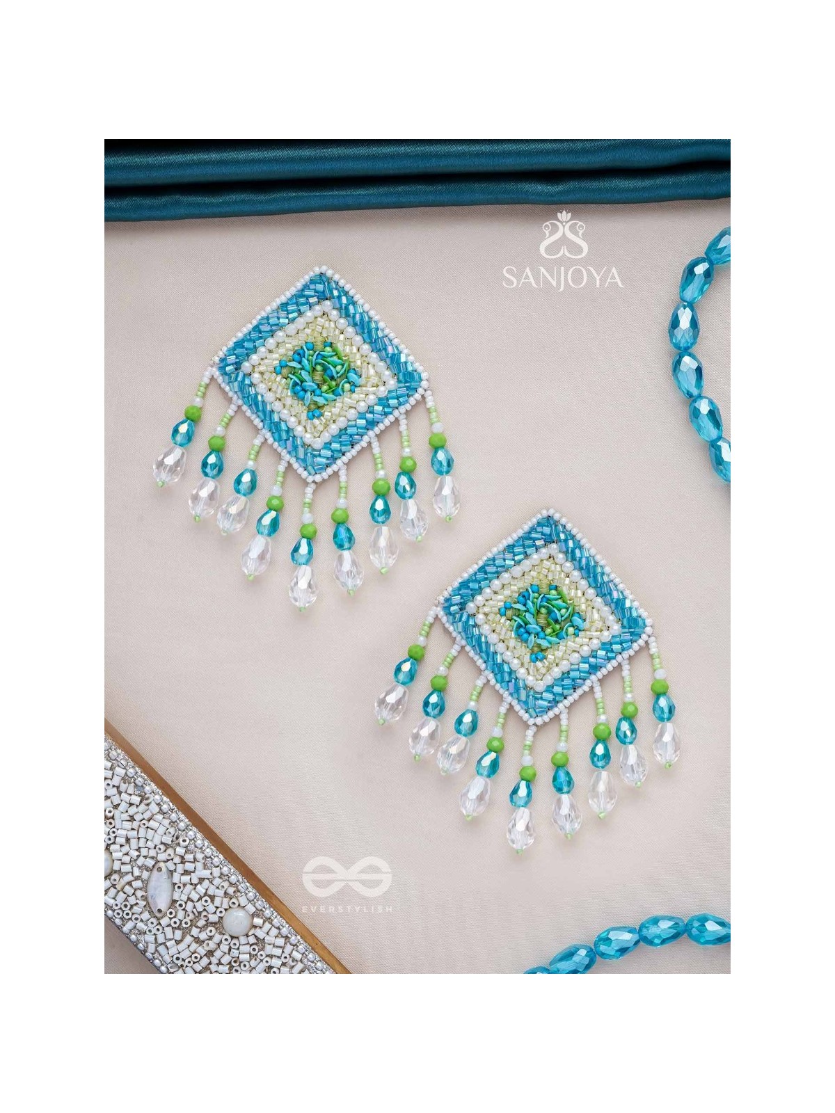 Vimita - The Splendid Square - Beads, Cutdana And Sequins Hand Embroidered Earrings