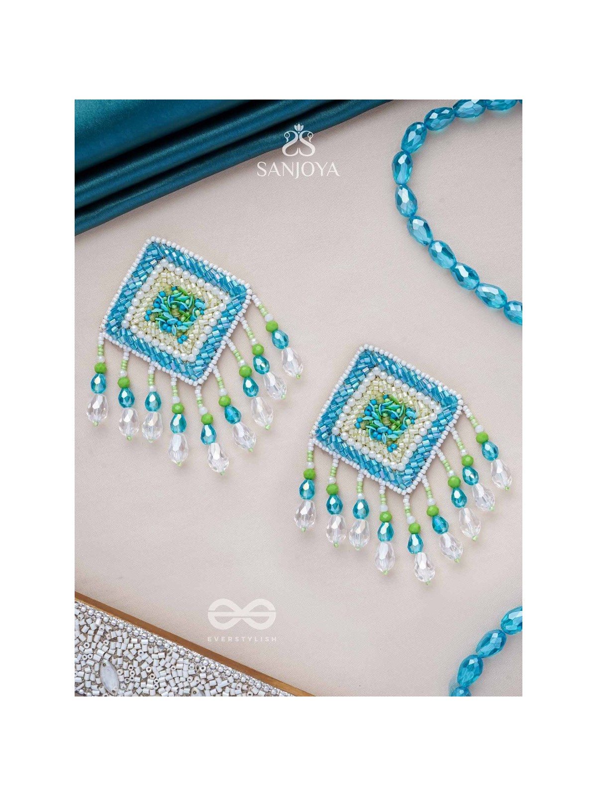 Vimita - The Splendid Square - Beads, Cutdana And Sequins Hand Embroidered Earrings