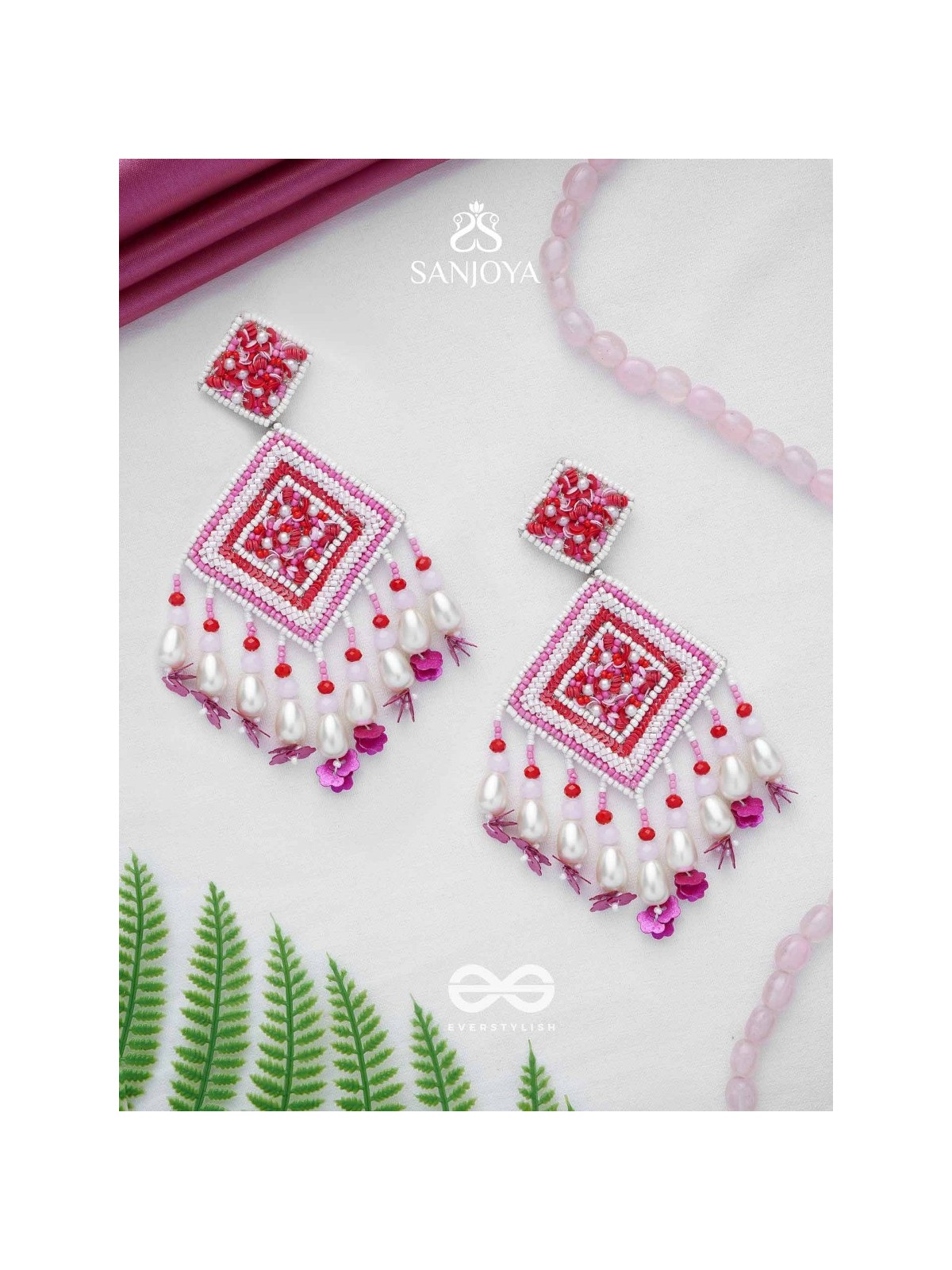 Odrakhya - The China Rose - Pearls, Beads And Sequins Hand Embroidered Earrings