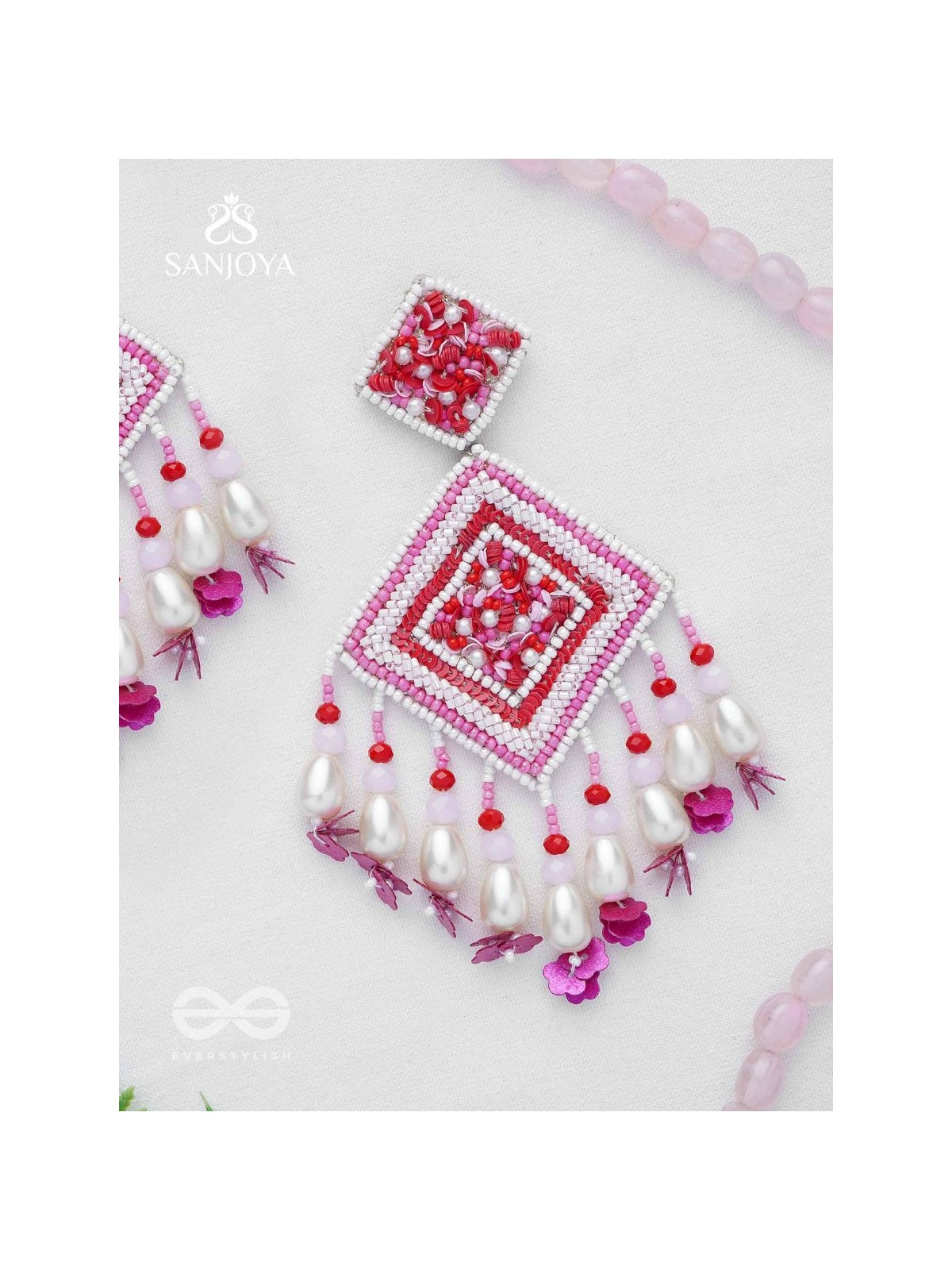 Odrakhya - The China Rose - Pearls, Beads And Sequins Hand Embroidered Earrings