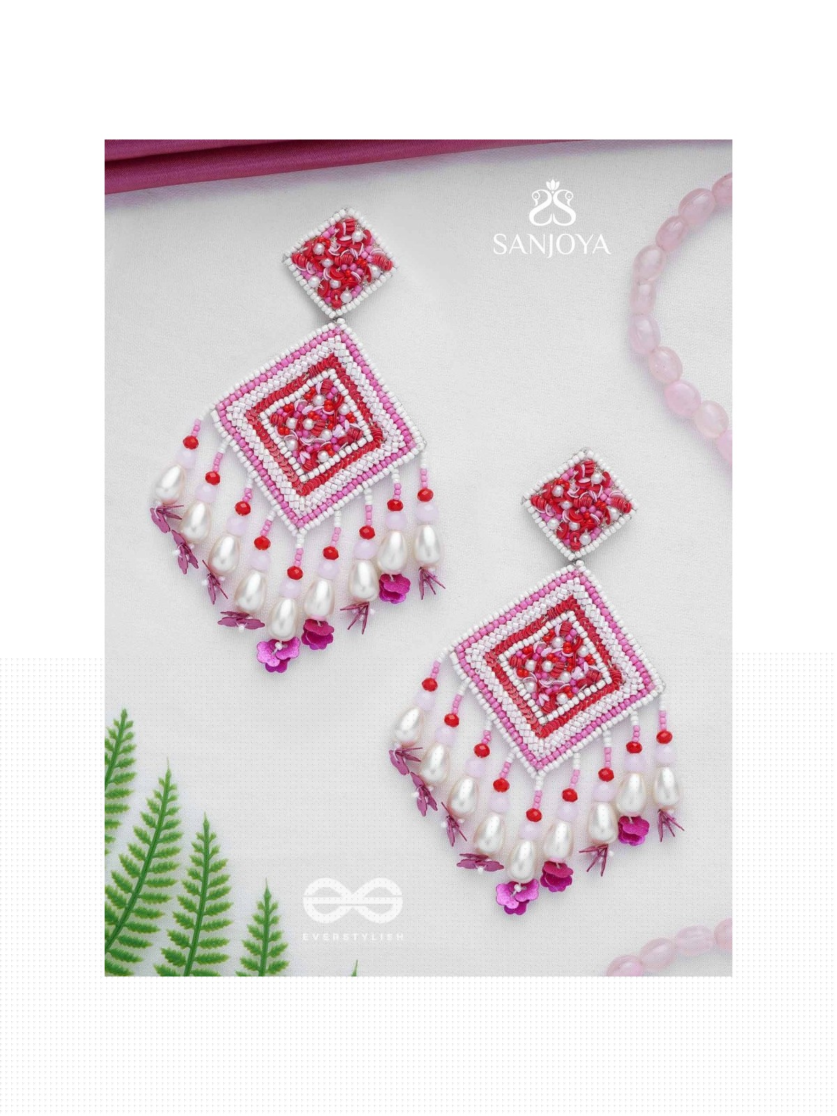 Odrakhya - The China Rose - Pearls, Beads And Sequins Hand Embroidered Earrings