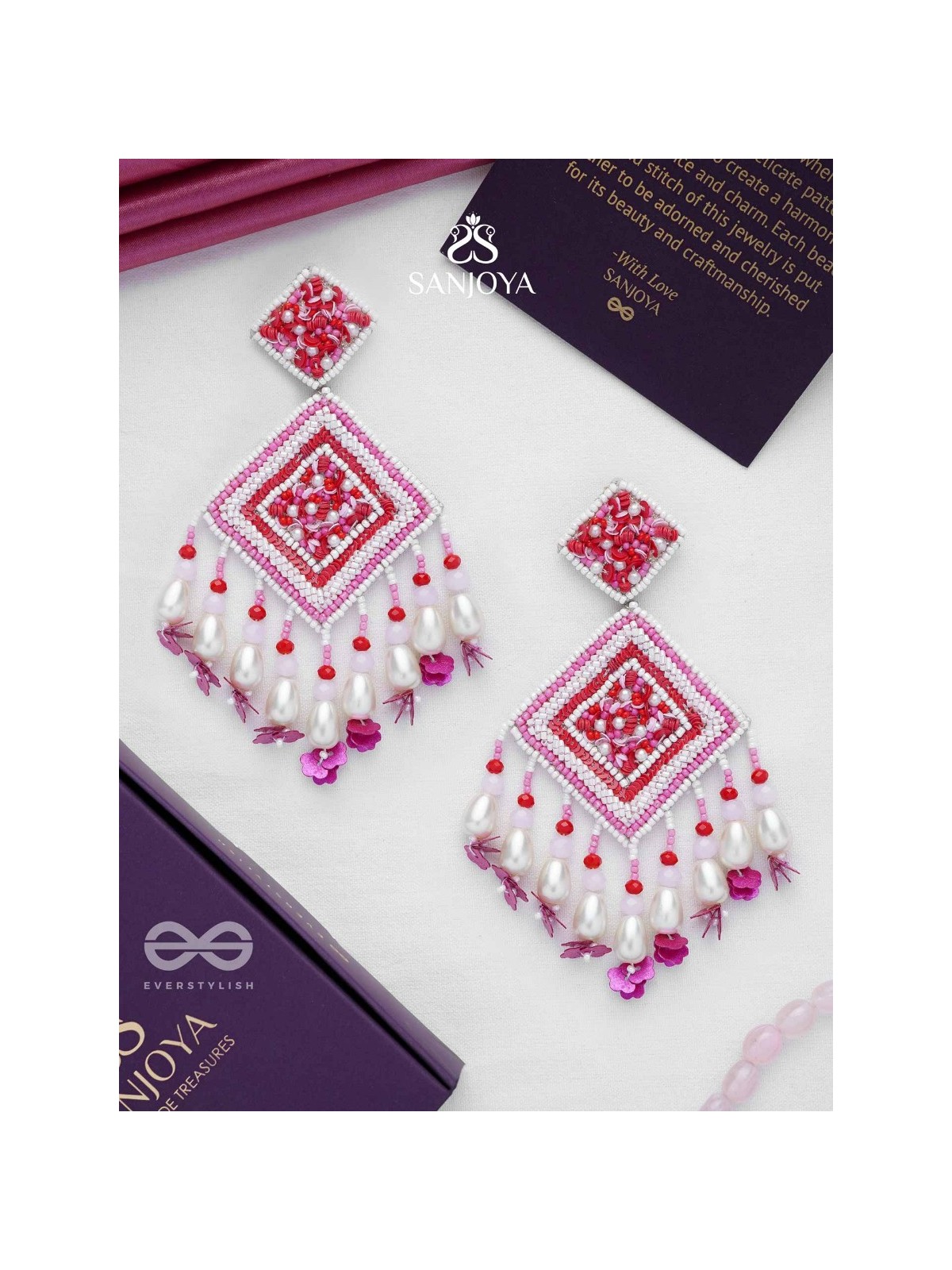 Odrakhya - The China Rose - Pearls, Beads And Sequins Hand Embroidered Earrings