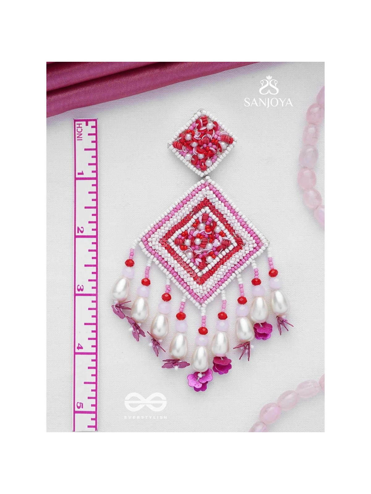 Odrakhya - The China Rose - Pearls, Beads And Sequins Hand Embroidered Earrings