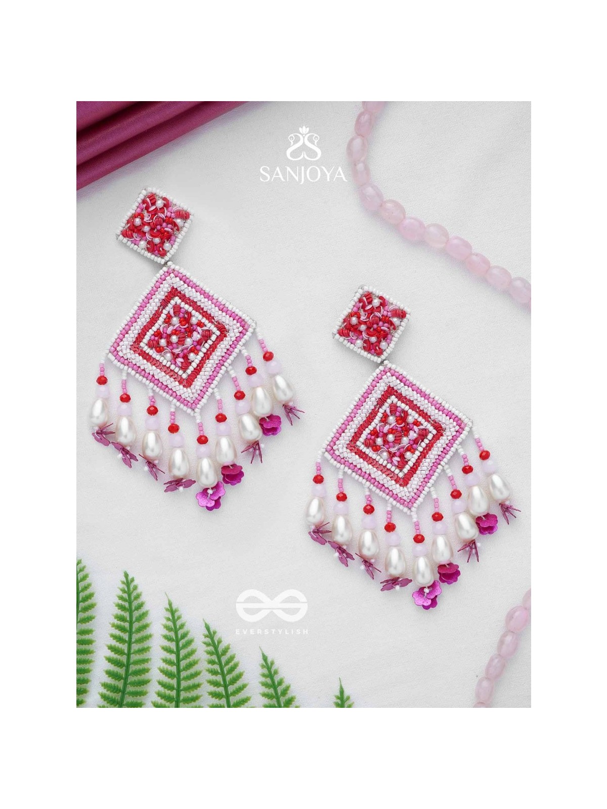 Odrakhya - The China Rose - Pearls, Beads And Sequins Hand Embroidered Earrings