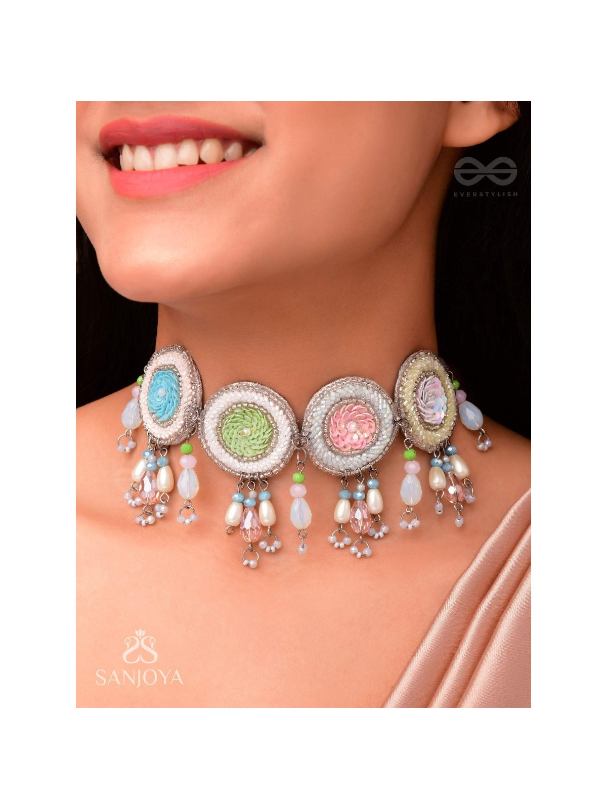 Dhyatva - The Colorful Reflections - Sequins, Glass Drops And Cutdana Hand Embroidered Choker Neckpiece