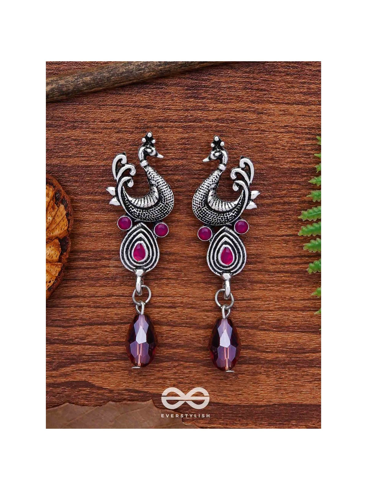 The Prancing Peacock- Embellished Oxidized Earrings (Magenta and Lavender) 