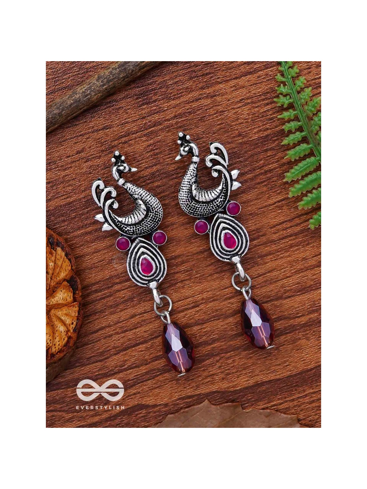The Prancing Peacock- Embellished Oxidized Earrings (Magenta and Lavender) 