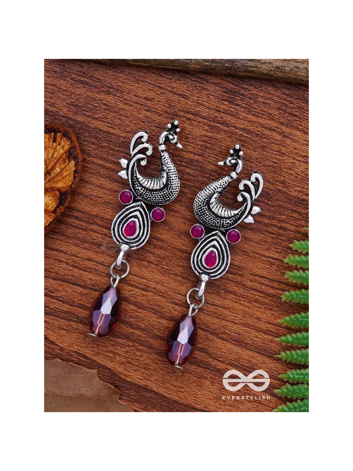 The Prancing Peacock- Embellished Oxidized Earrings (Magenta and Lavender) 