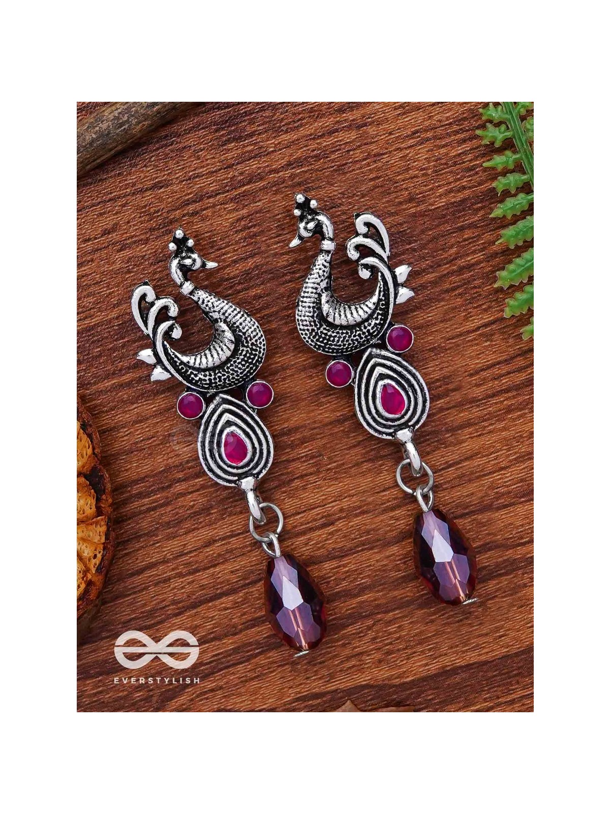 The Prancing Peacock- Embellished Oxidized Earrings (Magenta and Lavender) 