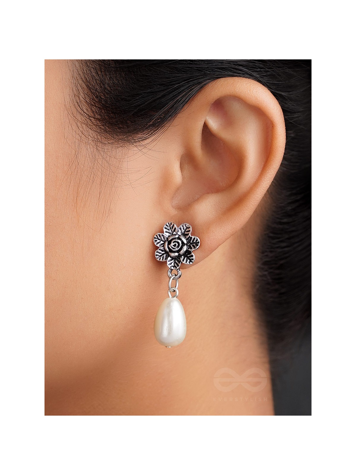 The Frosty Dewdrop- Oxidised Pearl Earrings