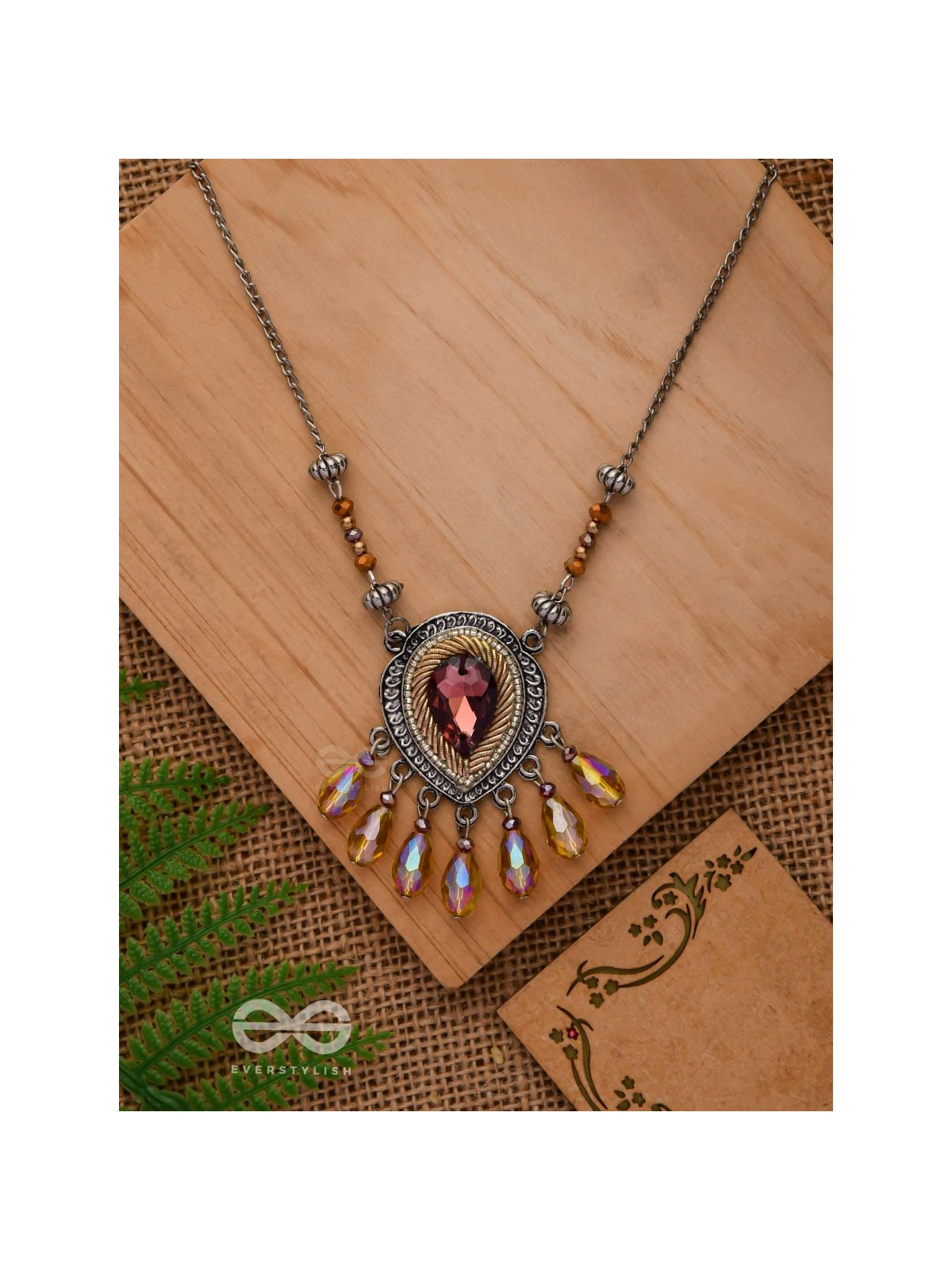 Peshana- The Gorgeous Trinket- Stone and Glass Beads Embroidered Necklace (Rust Orange) 