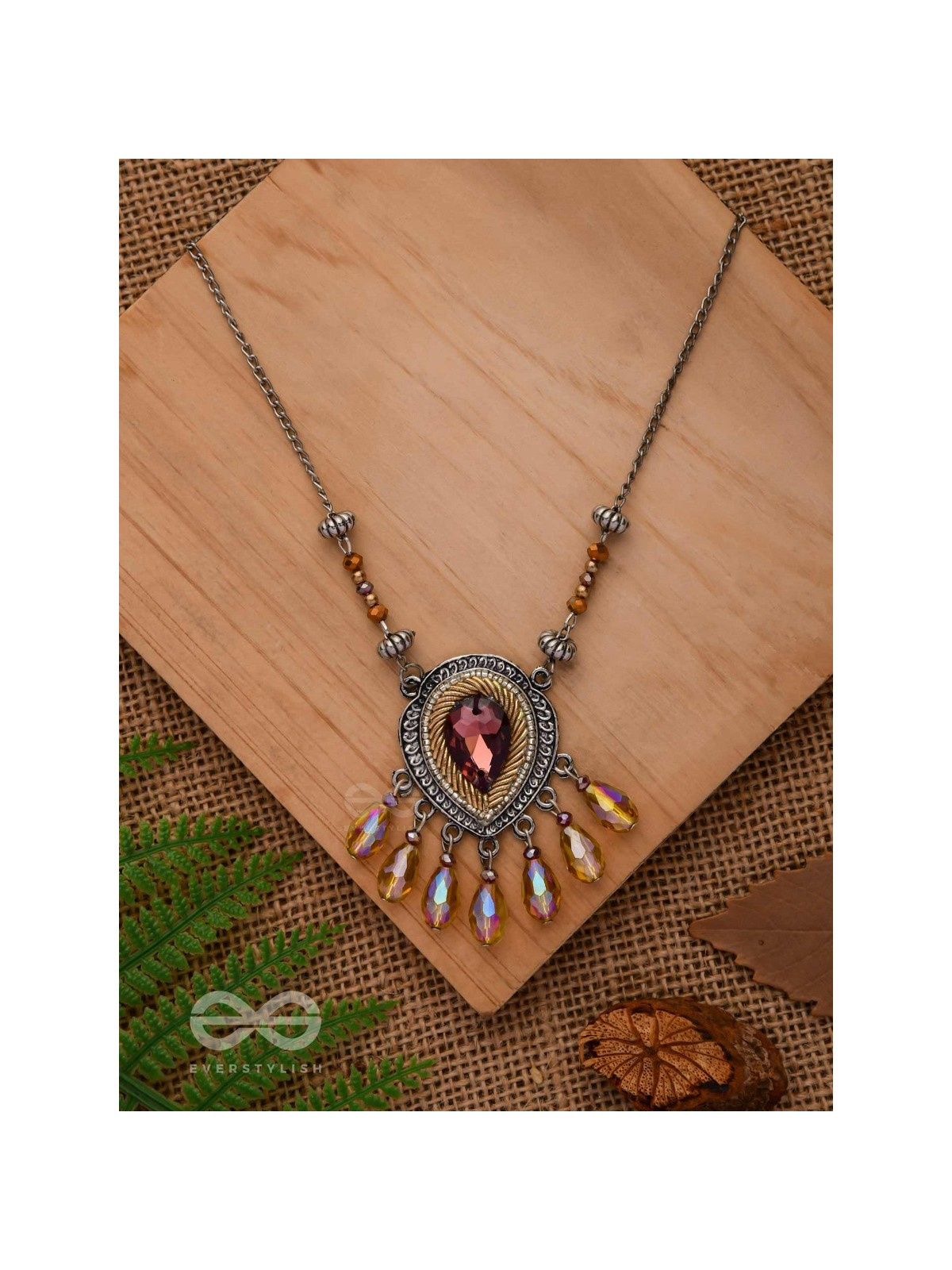 Peshana- The Gorgeous Trinket- Stone and Glass Beads Embroidered Necklace (Rust Orange) 