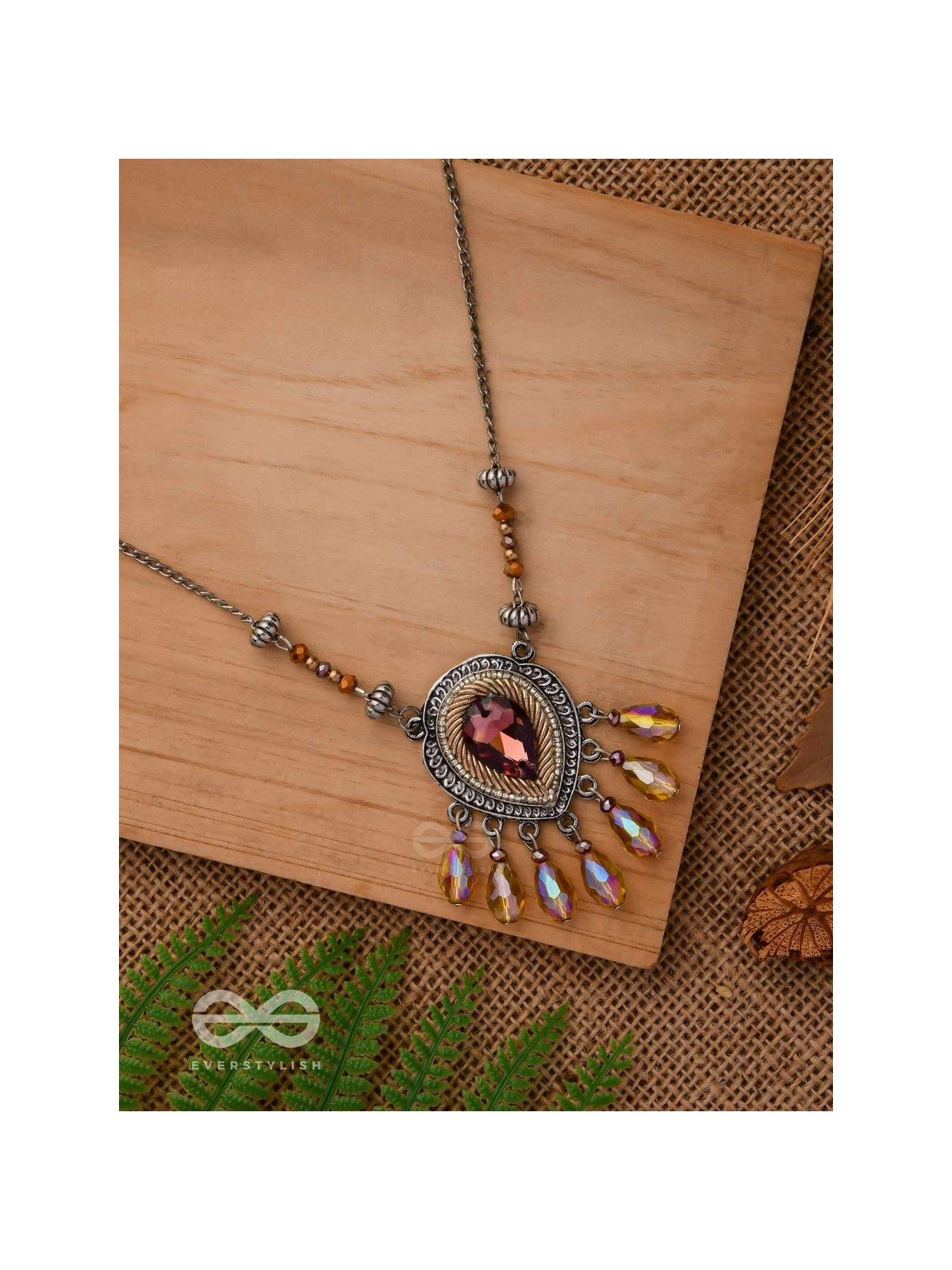 Peshana- The Gorgeous Trinket- Stone and Glass Beads Embroidered Necklace (Rust Orange) 