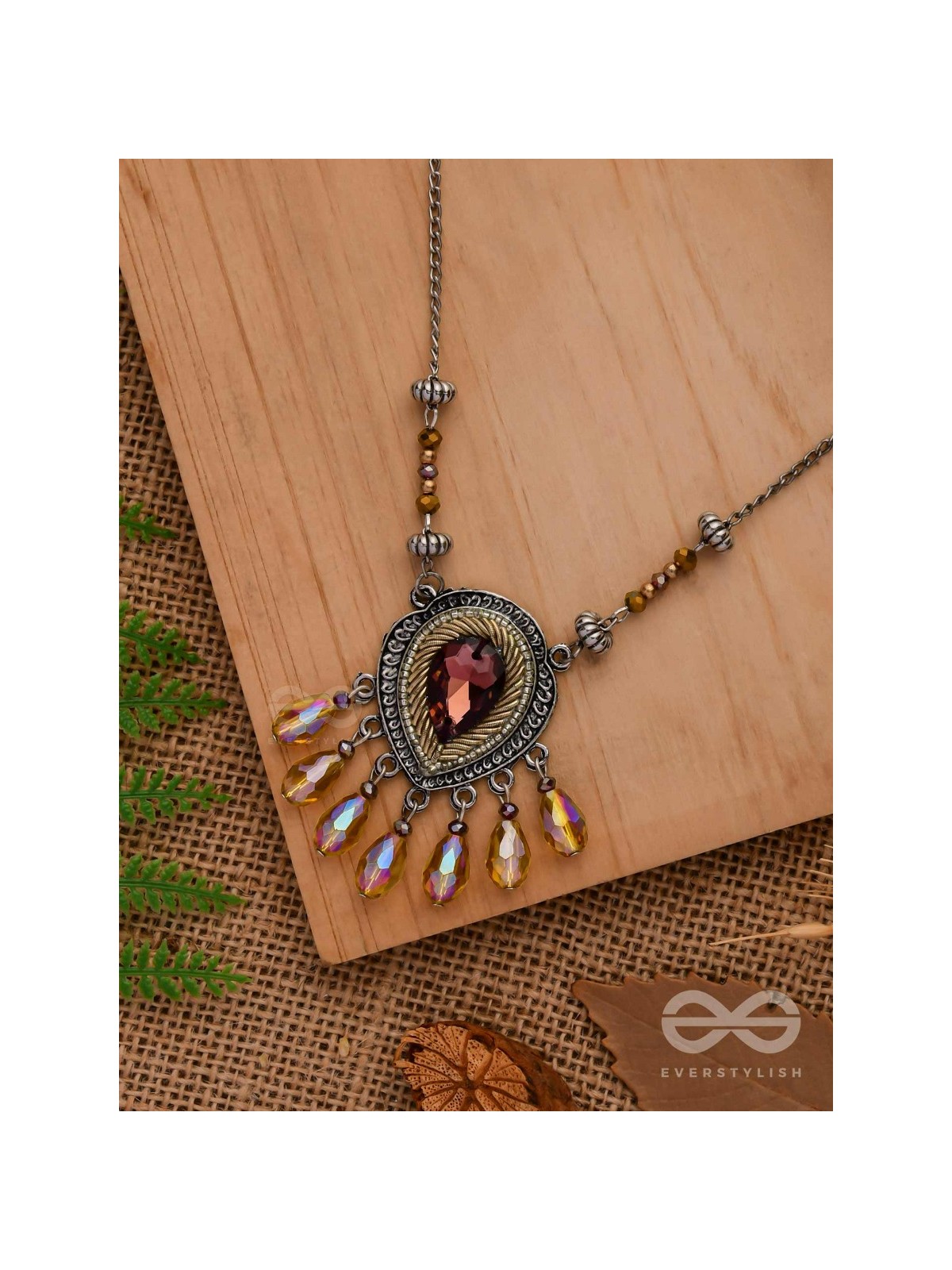 Peshana- The Gorgeous Trinket- Stone and Glass Beads Embroidered Necklace (Rust Orange) 