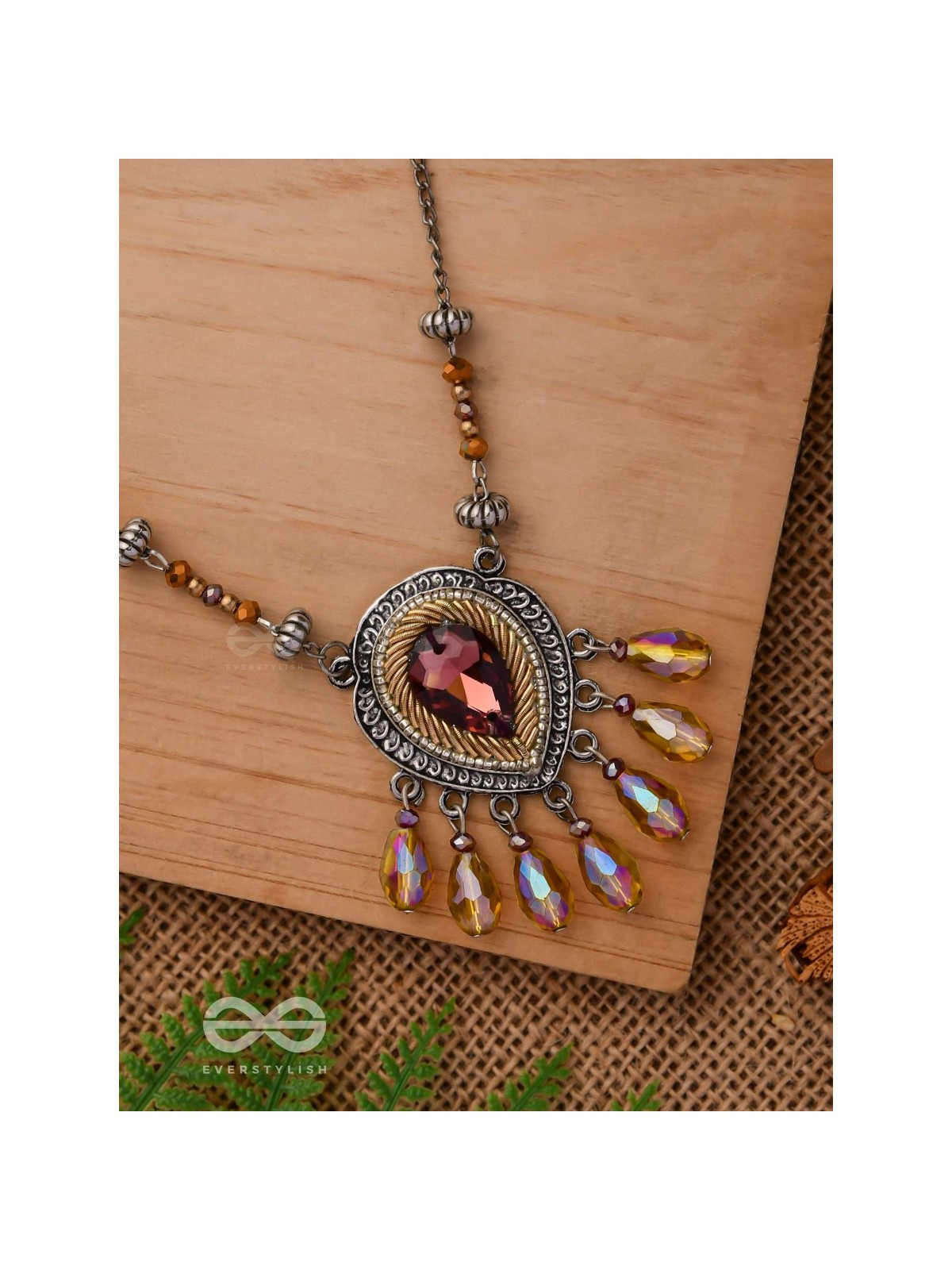 Peshana- The Gorgeous Trinket- Stone and Glass Beads Embroidered Necklace (Rust Orange) 