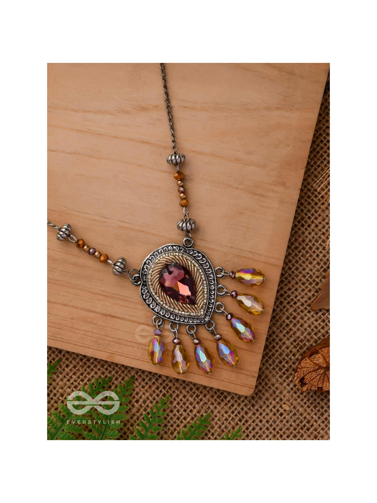 Peshana- The Gorgeous Trinket- Stone and Glass Beads Embroidered Necklace (Rust Orange) 