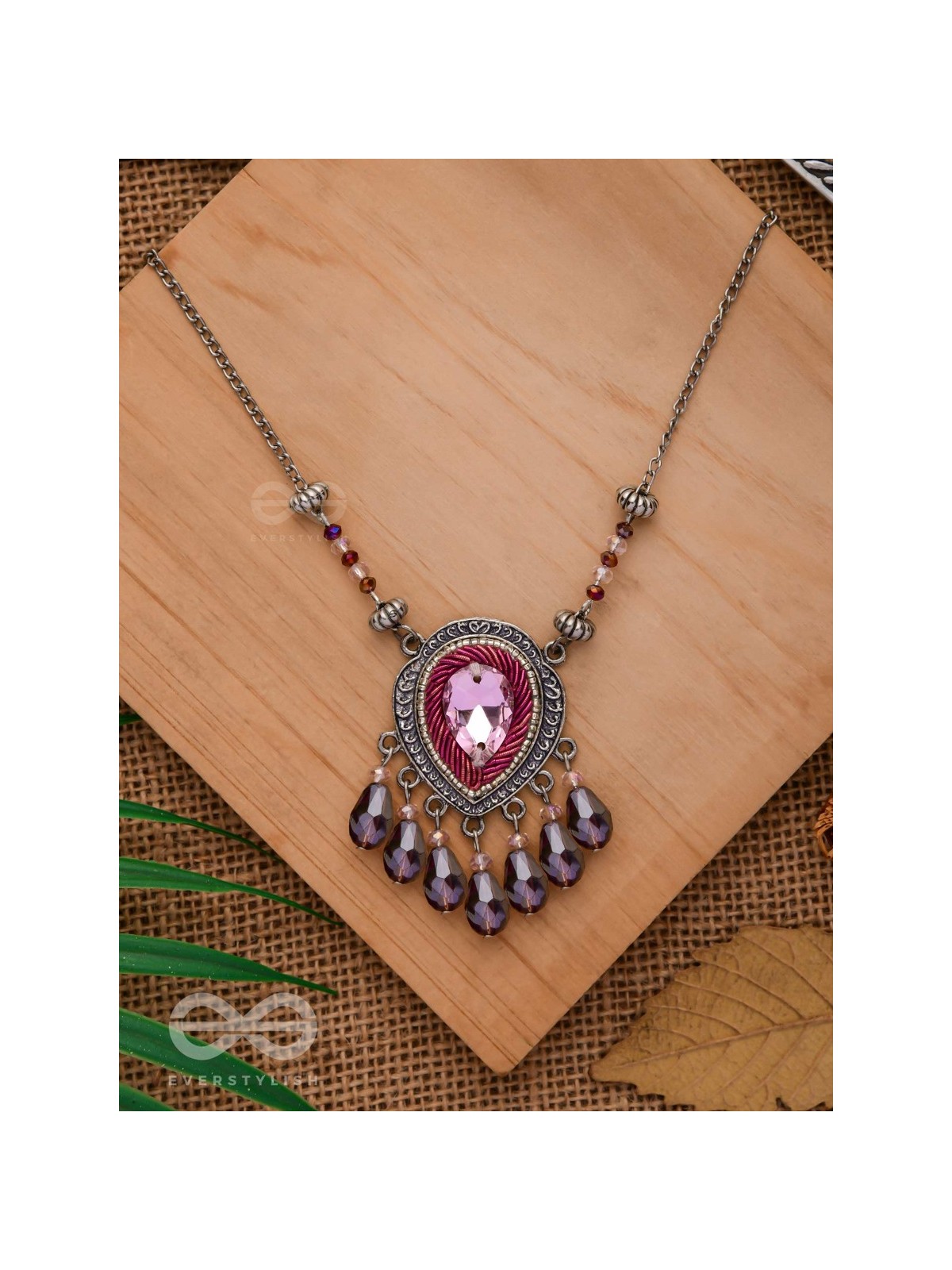 Peshana- The Gorgeous Trinket- Stone and Glass Beads Embroidered Necklace (Orchid Purple)