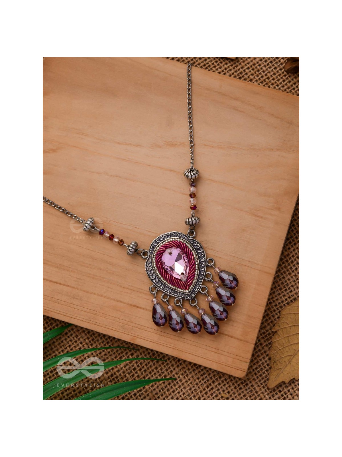 Peshana- The Gorgeous Trinket- Stone and Glass Beads Embroidered Necklace (Orchid Purple)