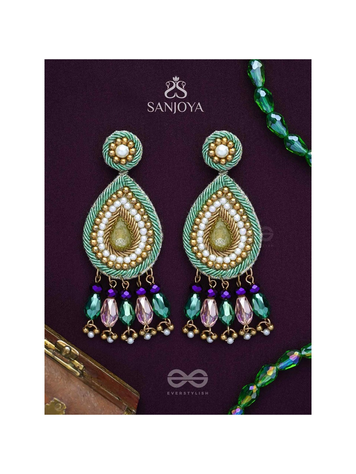 Vishyanda - The Aqua Drop - Beads, Dabka And Stones Hand Embroidered Earrings