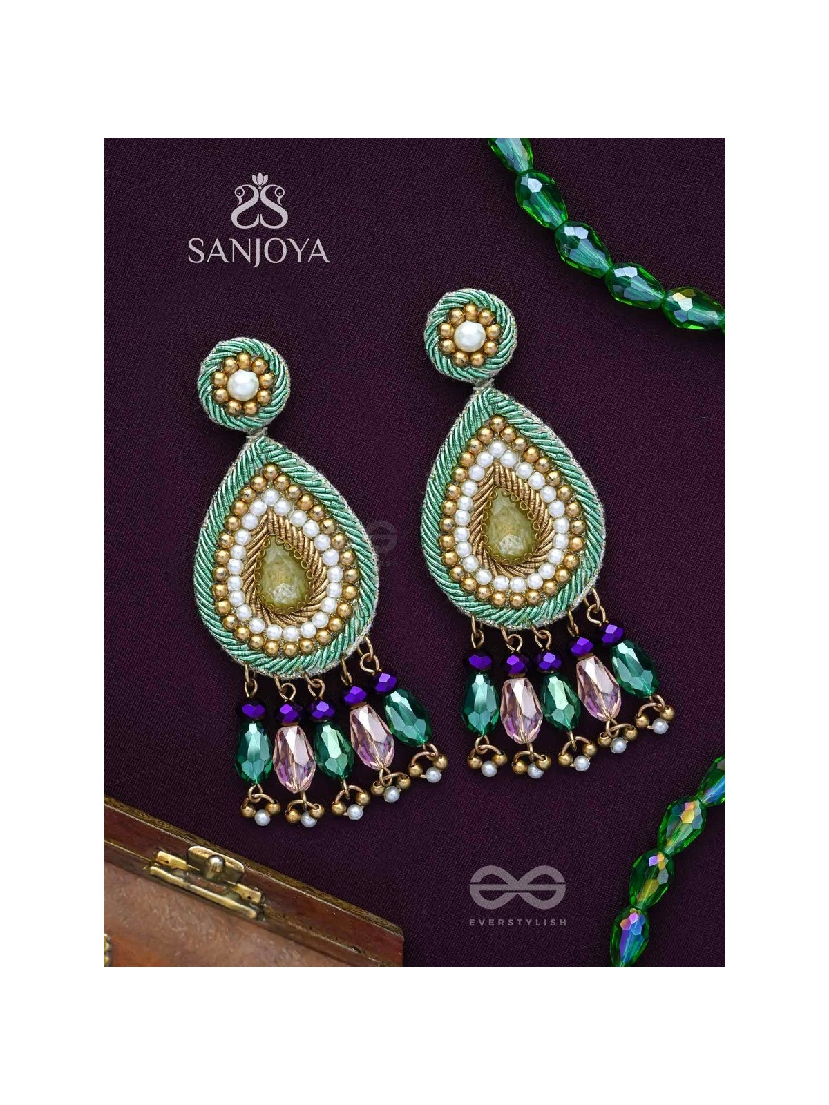 Vishyanda - The Aqua Drop - Beads, Dabka And Stones Hand Embroidered Earrings