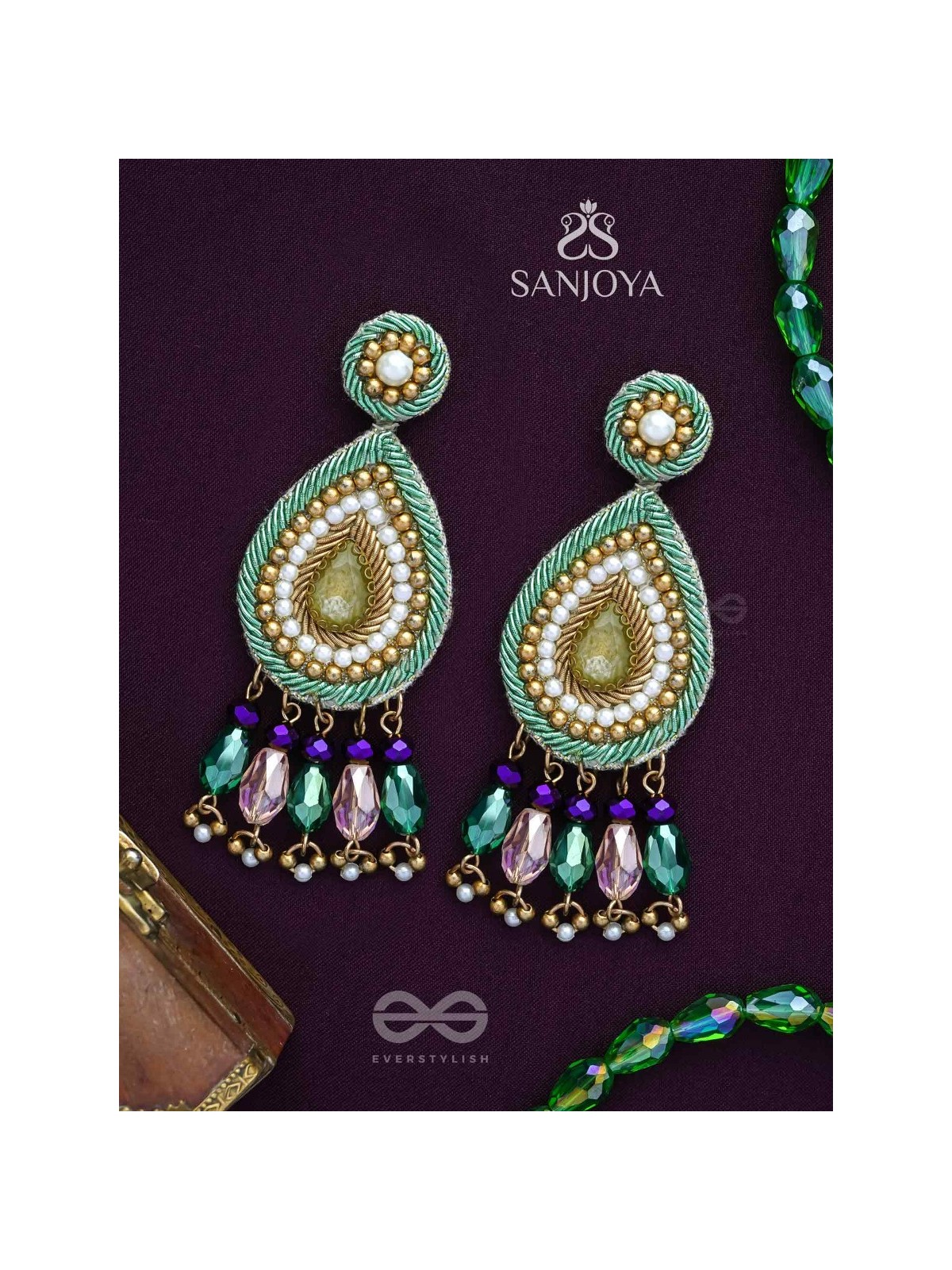 Vishyanda - The Aqua Drop - Beads, Dabka And Stones Hand Embroidered Earrings