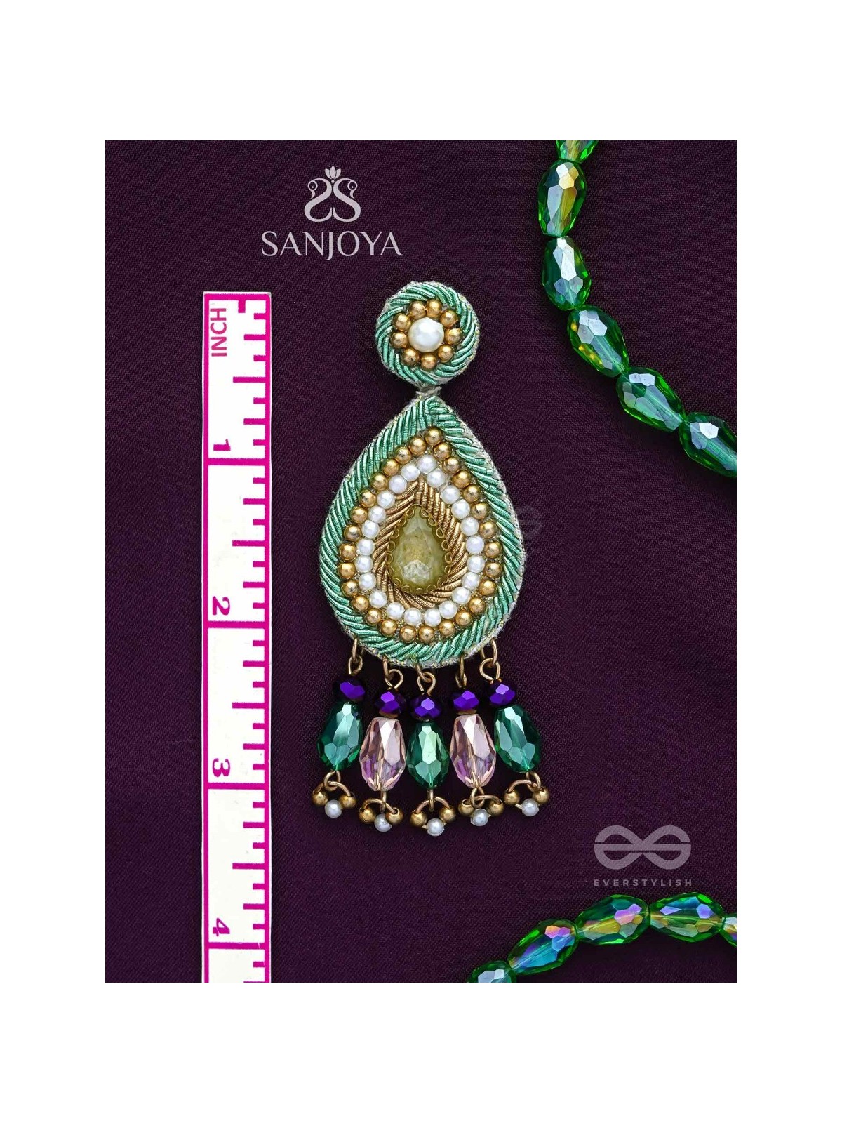 Vishyanda - The Aqua Drop - Beads, Dabka And Stones Hand Embroidered Earrings