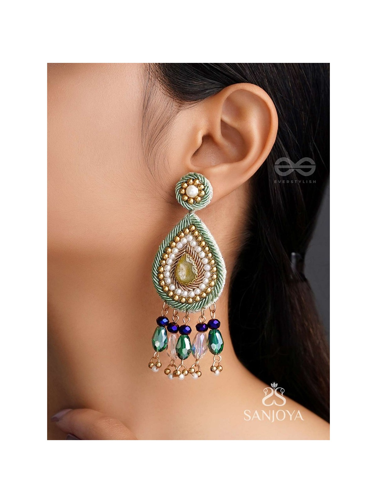 Vishyanda - The Aqua Drop - Beads, Dabka And Stones Hand Embroidered Earrings