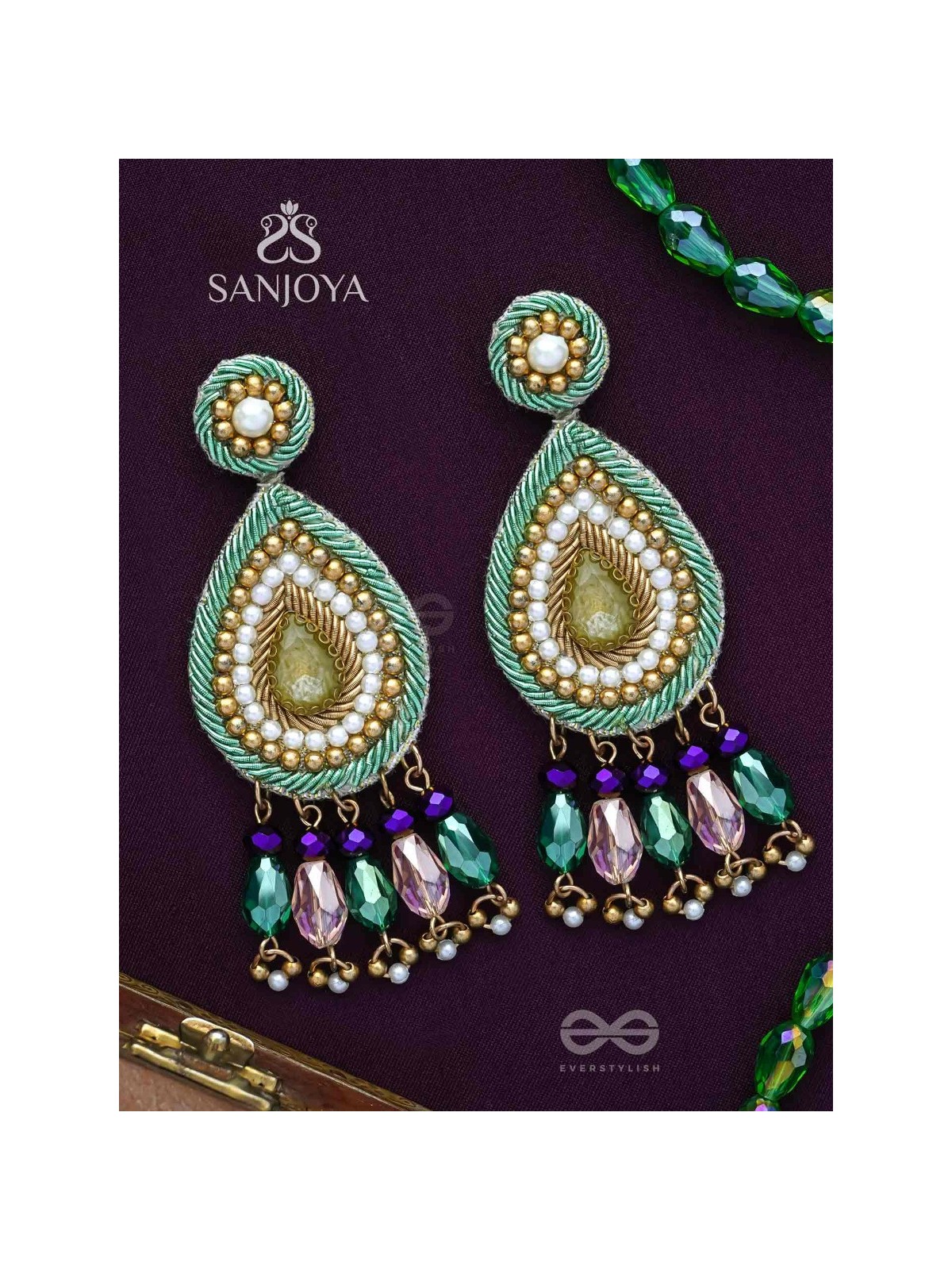 Vishyanda - The Aqua Drop - Beads, Dabka And Stones Hand Embroidered Earrings