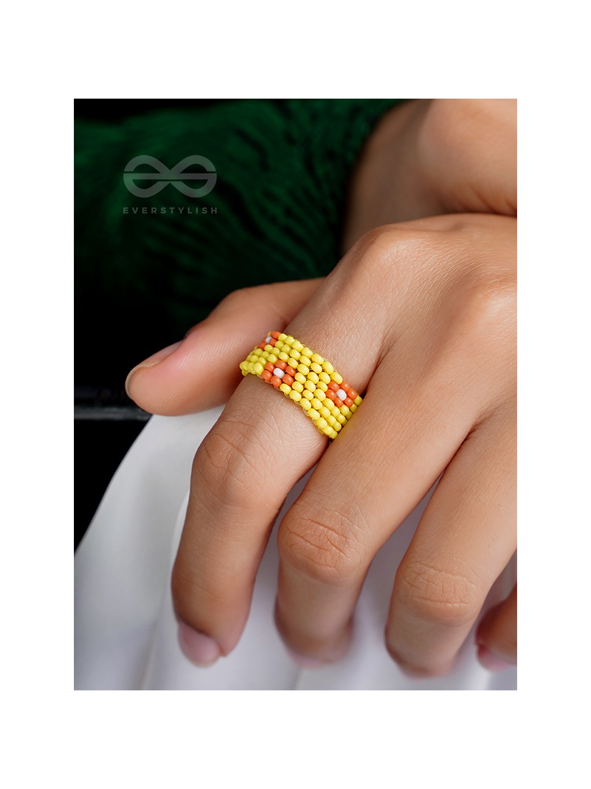 The Flower Meadow- Stretchable Yellow and Red Beaded Ring