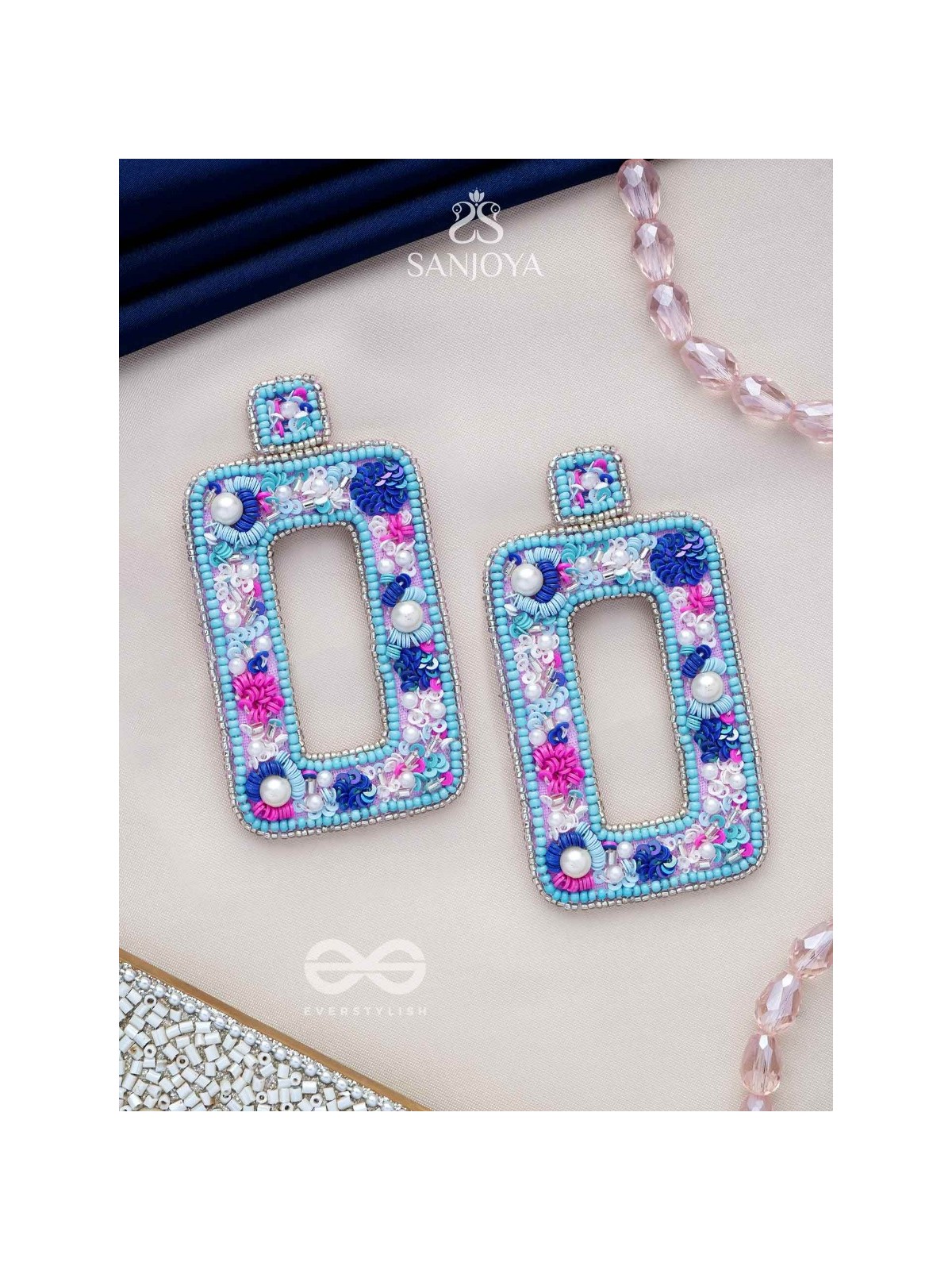 Hiranyada - The Ocean Treasure - Pearls, Beads And Sequins Hand Embroidered Earrings