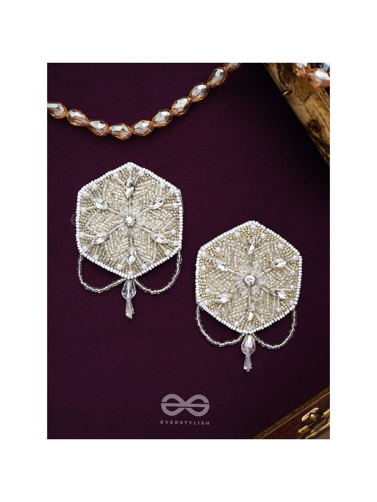 Tuhina- The Pristine Snowflake- Stones and Beads Embroidered Earrings