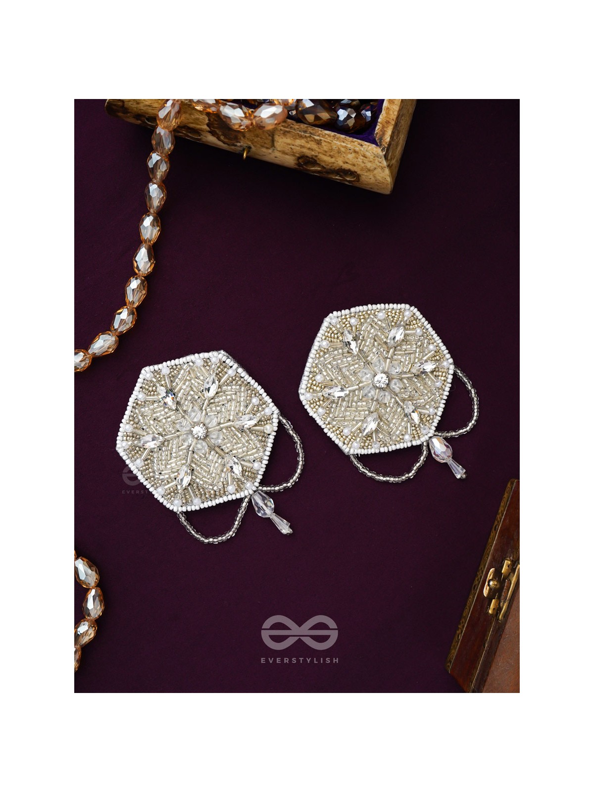 Tuhina- The Pristine Snowflake- Stones and Beads Embroidered Earrings