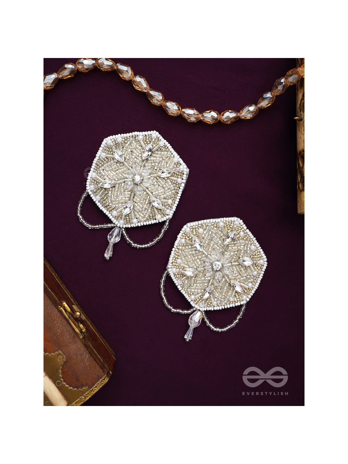 Tuhina- The Pristine Snowflake- Stones and Beads Embroidered Earrings